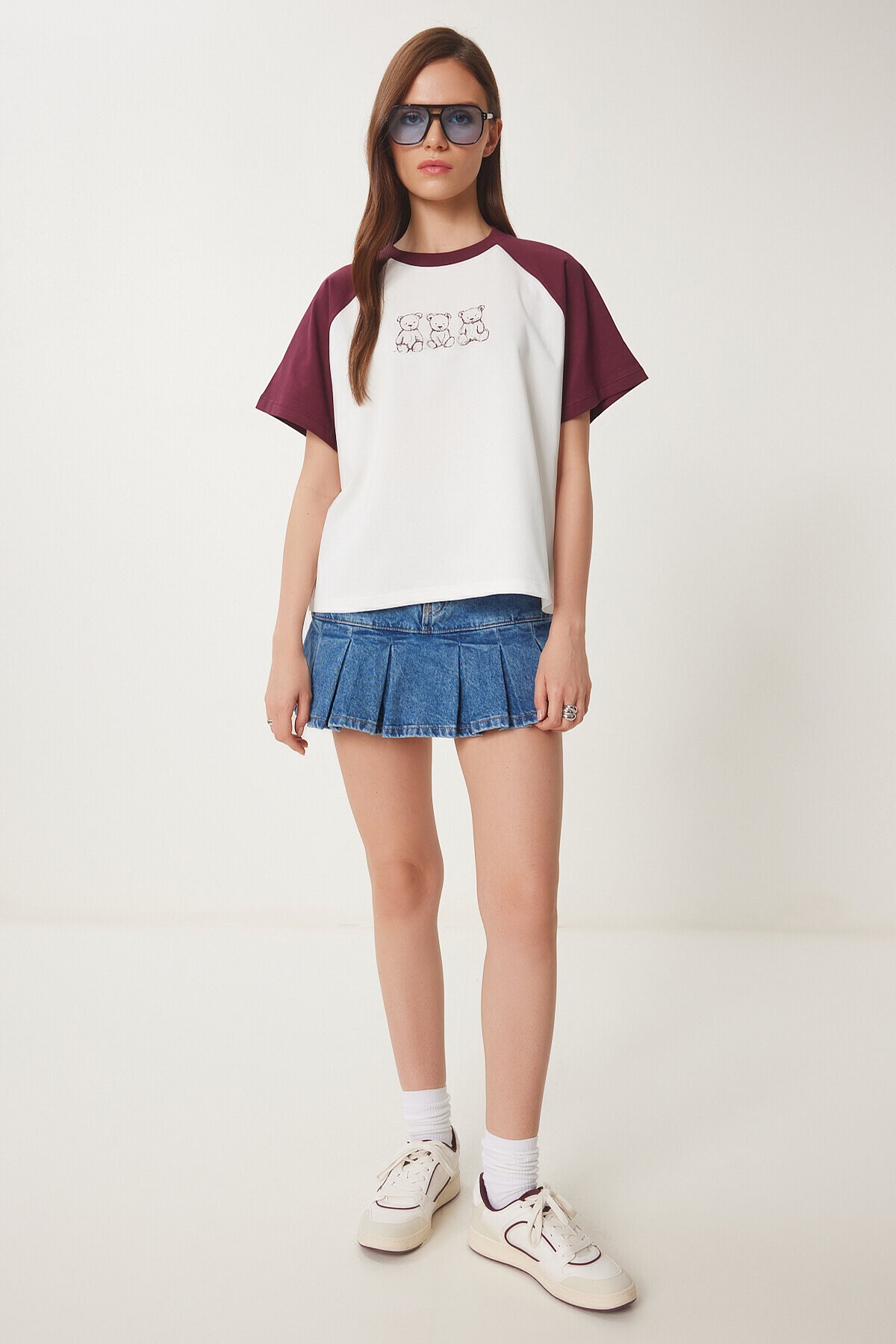 Ayıcık Baskılı Pamuklu Örme T-shirt BORDO KEMİK LCR0055