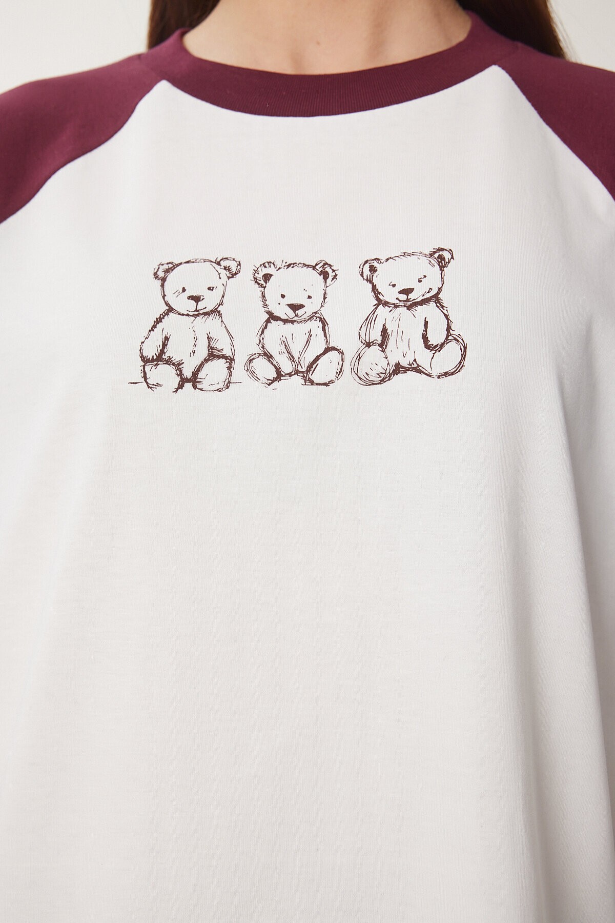 Ayıcık Baskılı Pamuklu Örme T-shirt BORDO KEMİK LCR0055