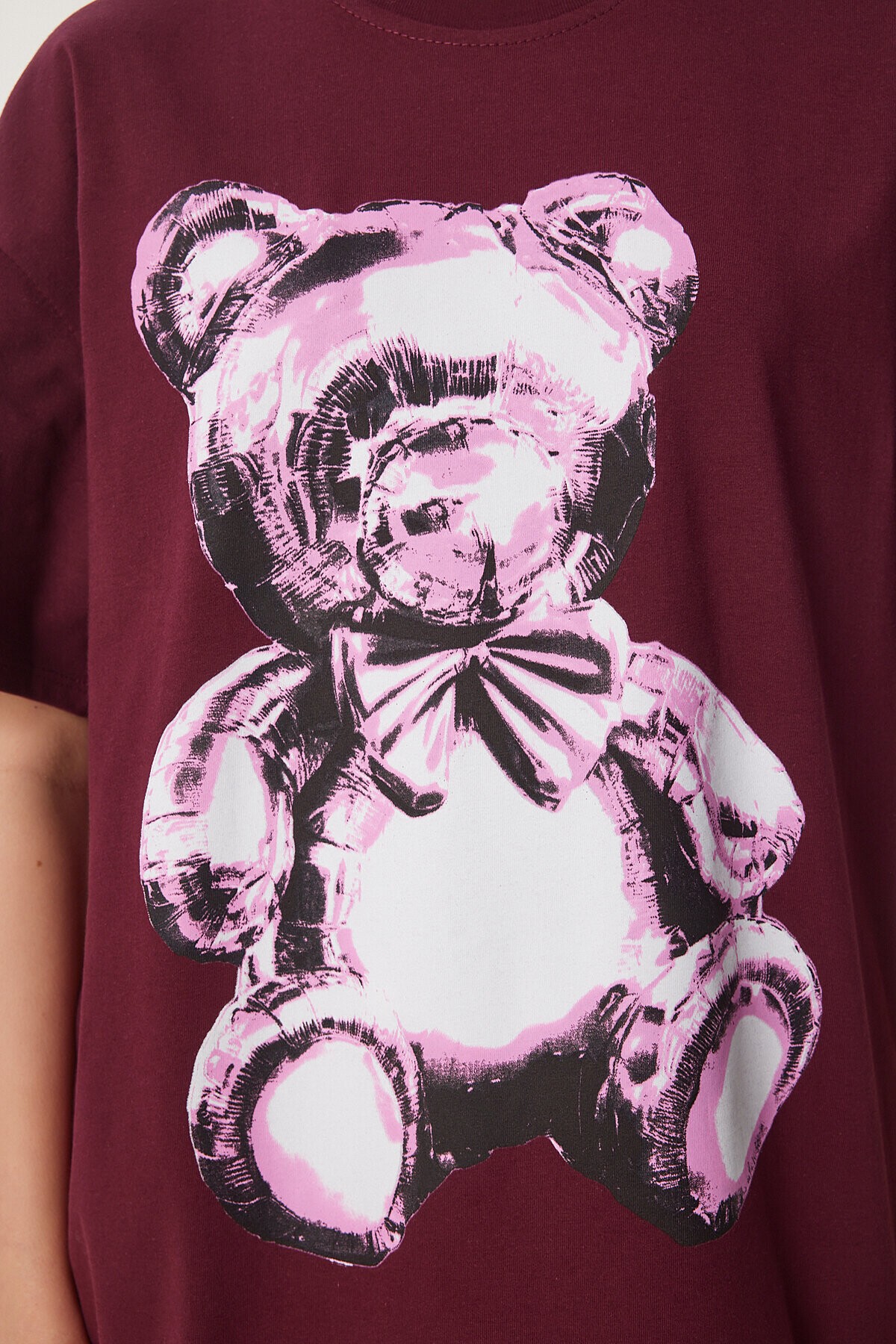 Ayıcık Baskılı Pamuklu Oversize Örme T-shirt BORDO LCR0045