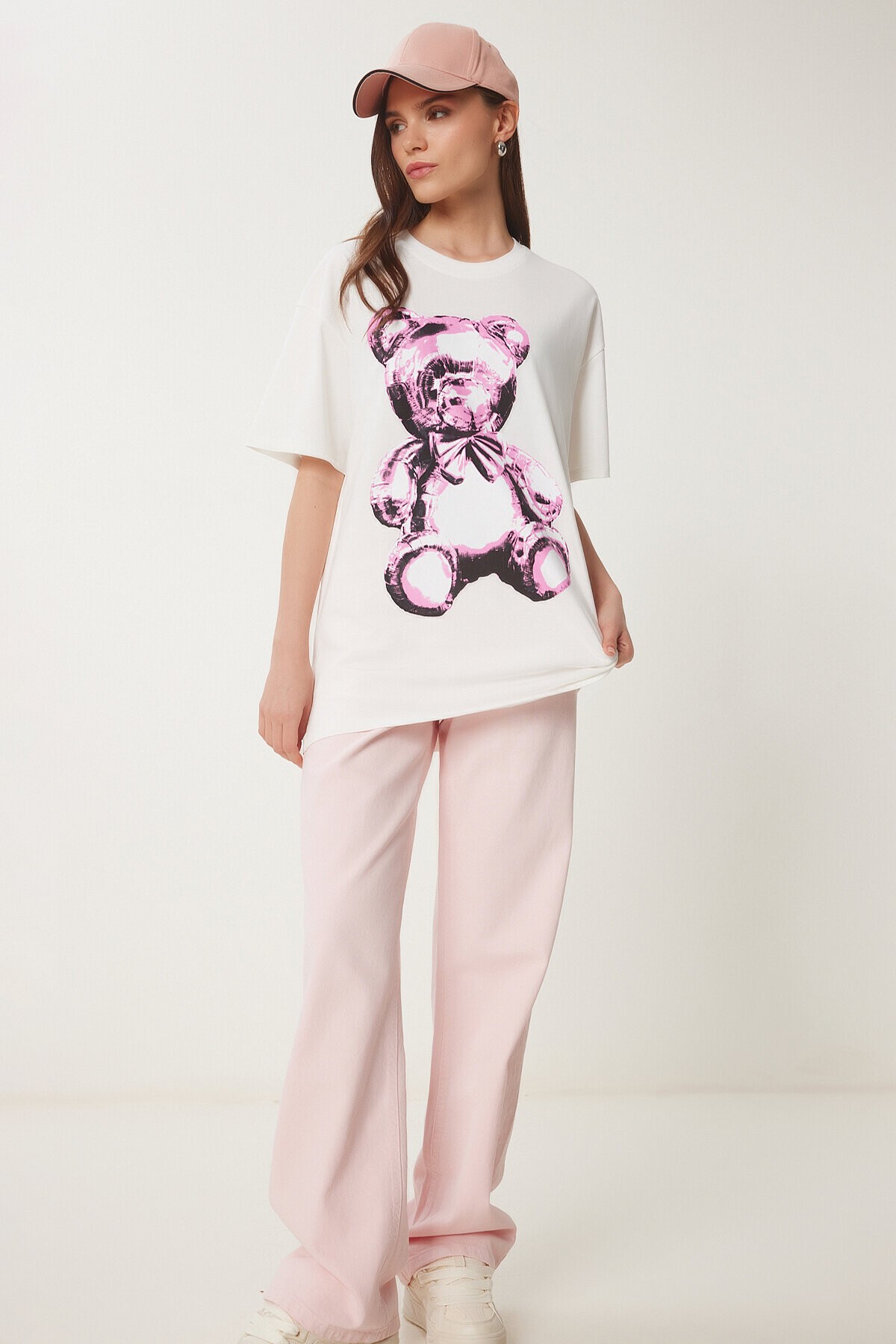 Ayıcık Baskılı Pamuklu Oversize Örme T-shirt EKRU LCR0045