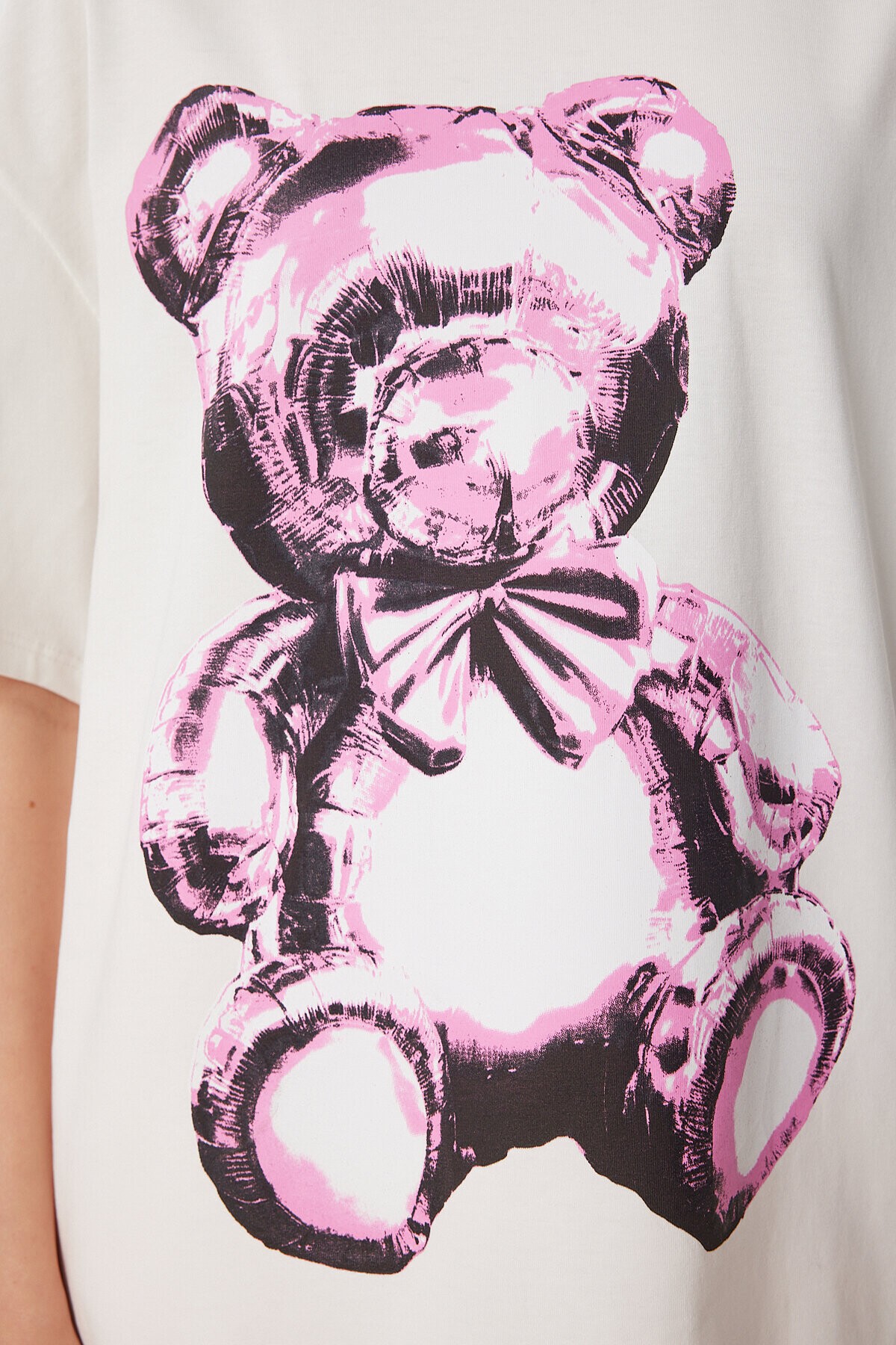 Ayıcık Baskılı Pamuklu Oversize Örme T-shirt EKRU LCR0045