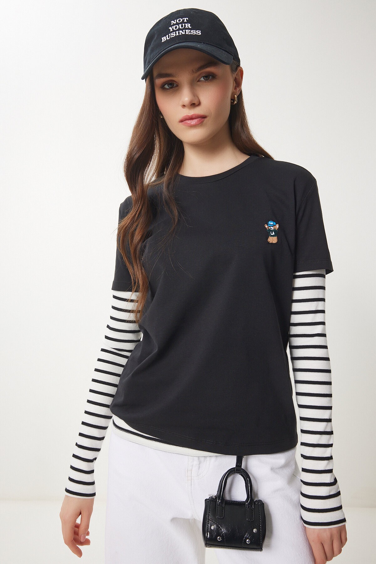 Ayıcık İşlemeli Pamuklu Örme T-shirt SİYAH LCR0029