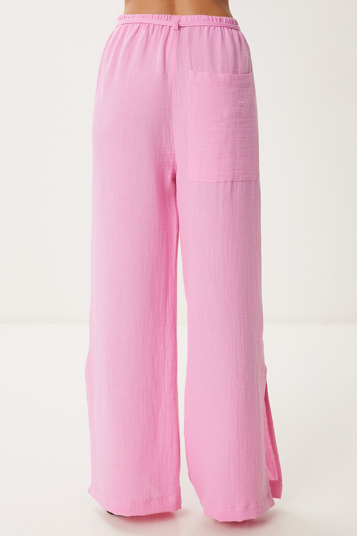Bağlama Detaylı Yırtmaçlı Müslin Pantolon PEMBE LBV0066