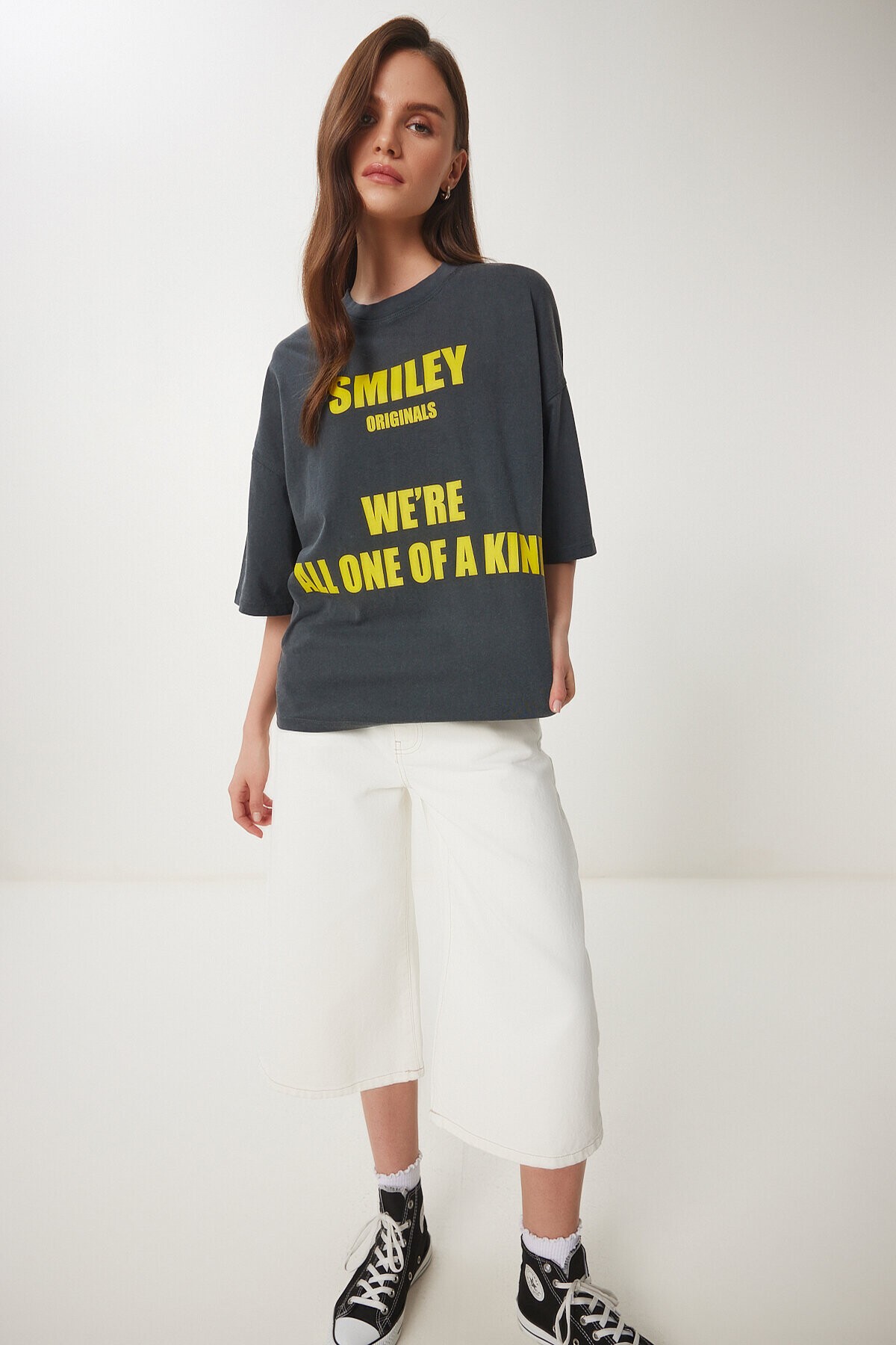 Baskılı Oversize Yıkamalı Örme T-shirt FÜME LCR0084