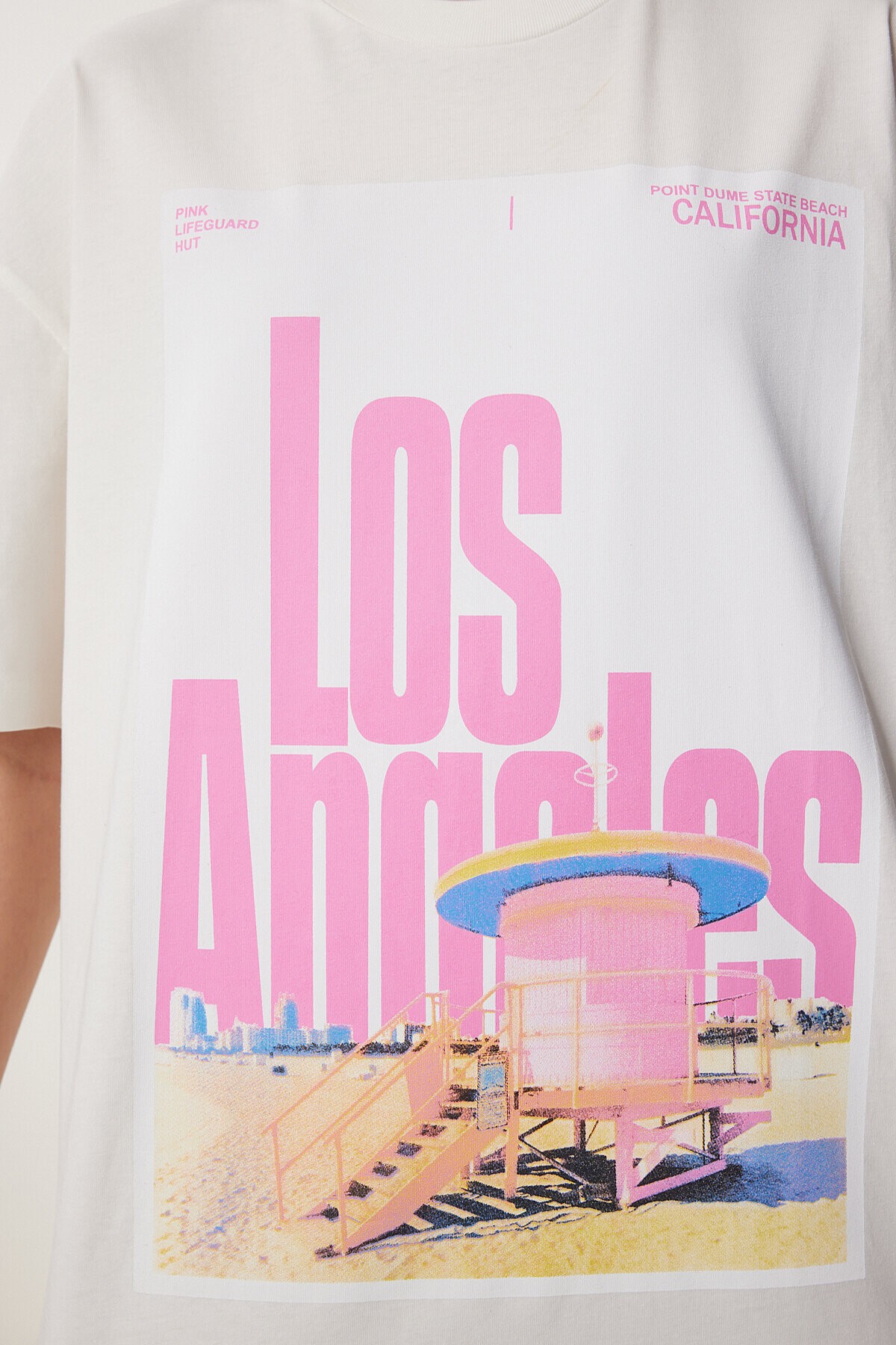 Baskılı Pamuklu Oversize Örme T-shirt EKRU LCR0021
