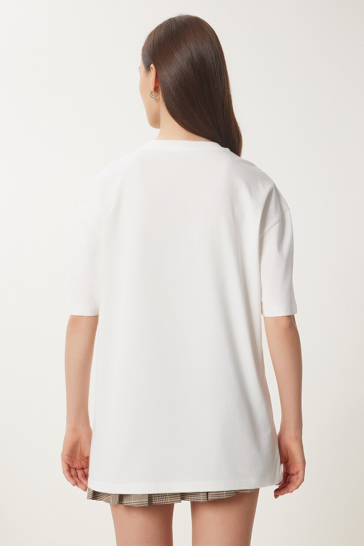 Baskılı Pamuklu Oversize Örme T-shirt EKRU LCR0021