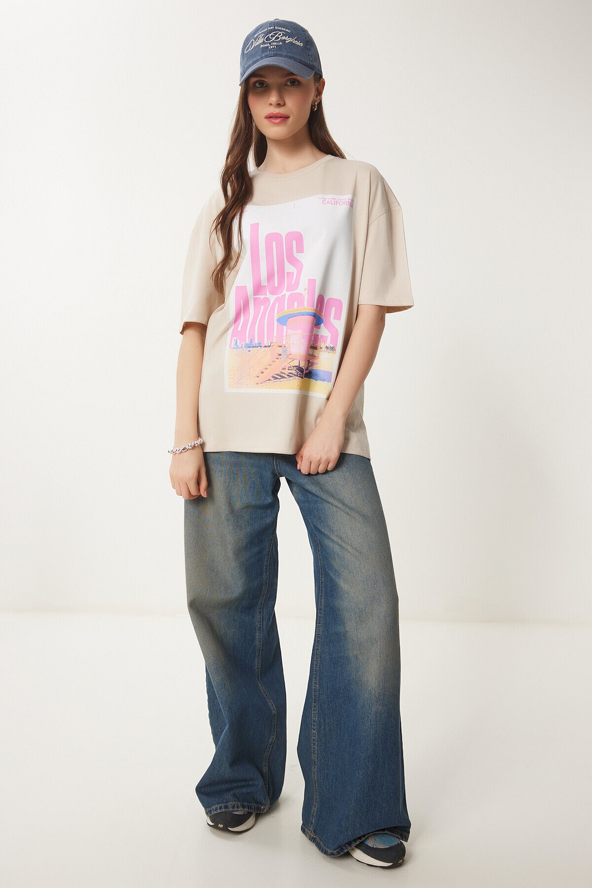 Baskılı Pamuklu Oversize Örme T-shirt KREM LCR0021