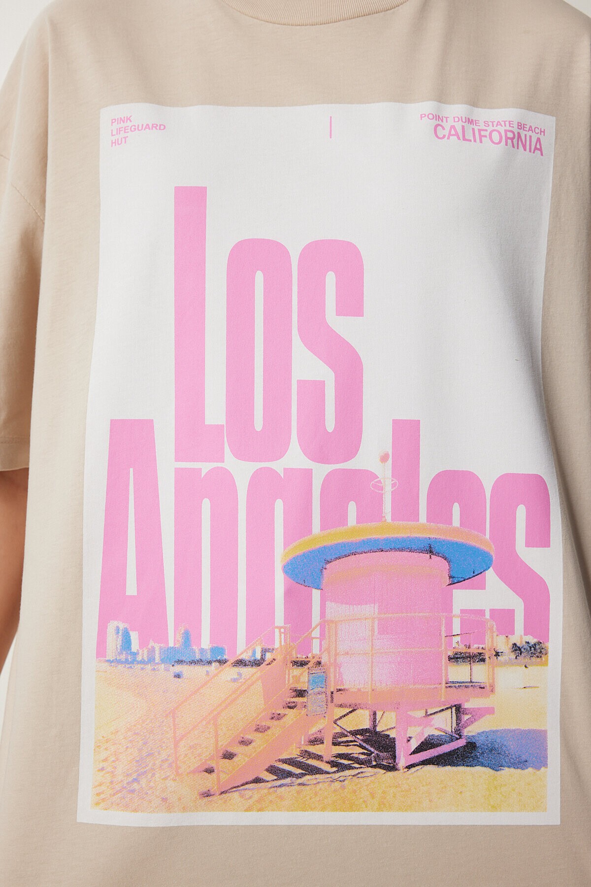 Baskılı Pamuklu Oversize Örme T-shirt KREM LCR0021