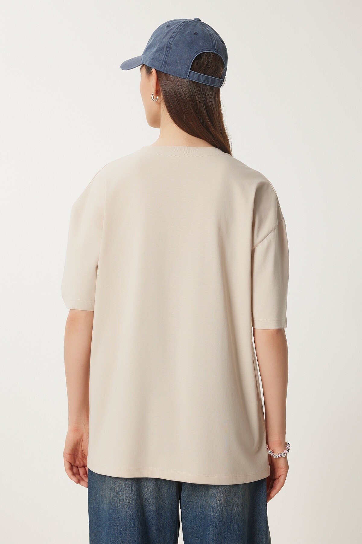 Baskılı Pamuklu Oversize Örme T-shirt KREM LCR0021
