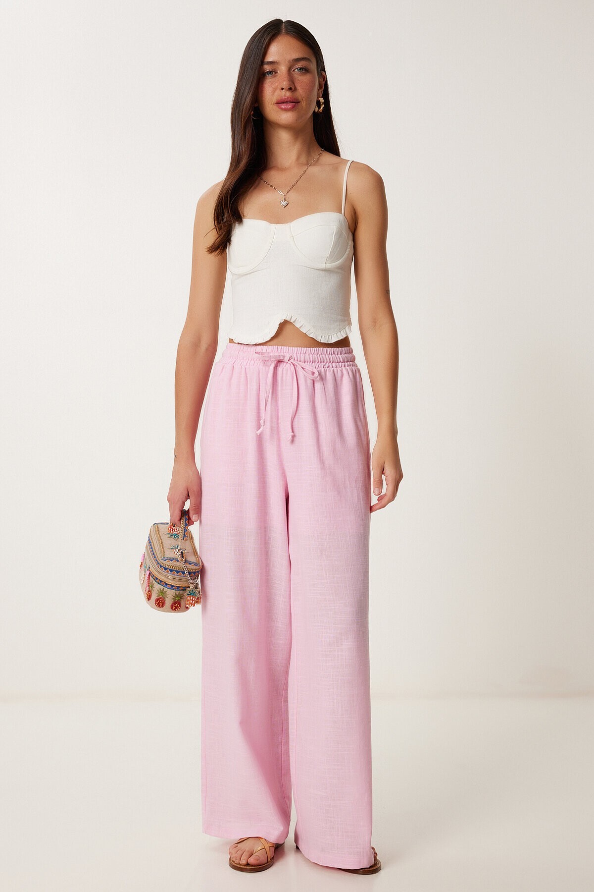 Bol Kesim Keten Pantolon PEMBE LDP0002