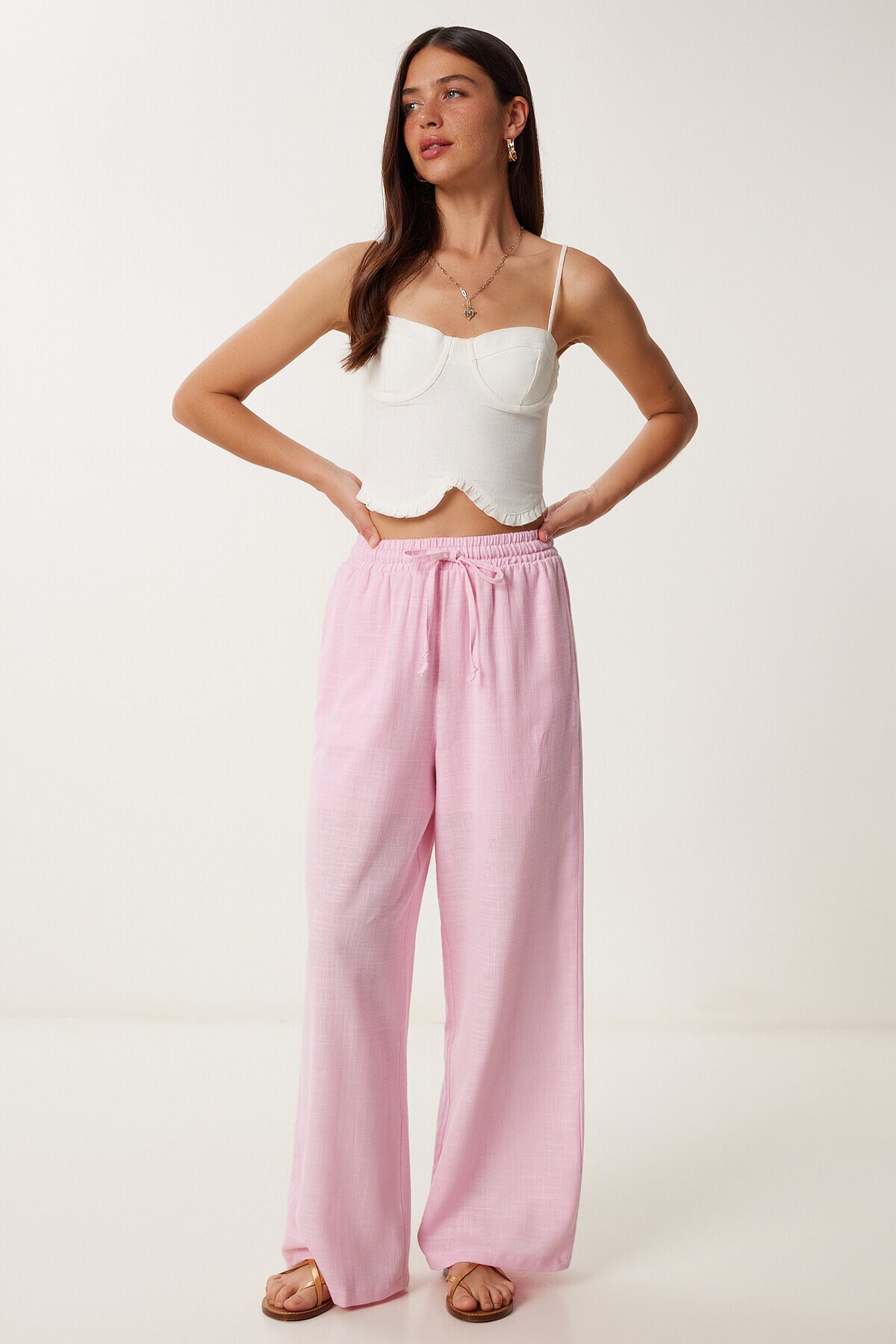 Bol Kesim Keten Pantolon PEMBE LDP0002