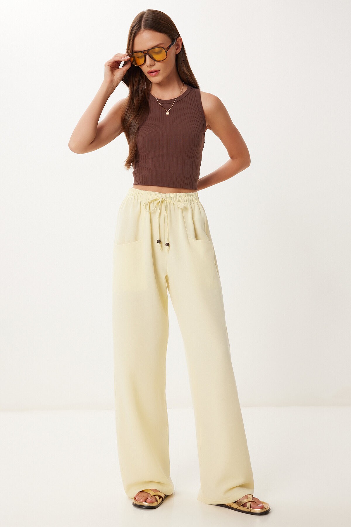 Cepli Geniş Paça Keten Pantolon SARI LBV0062