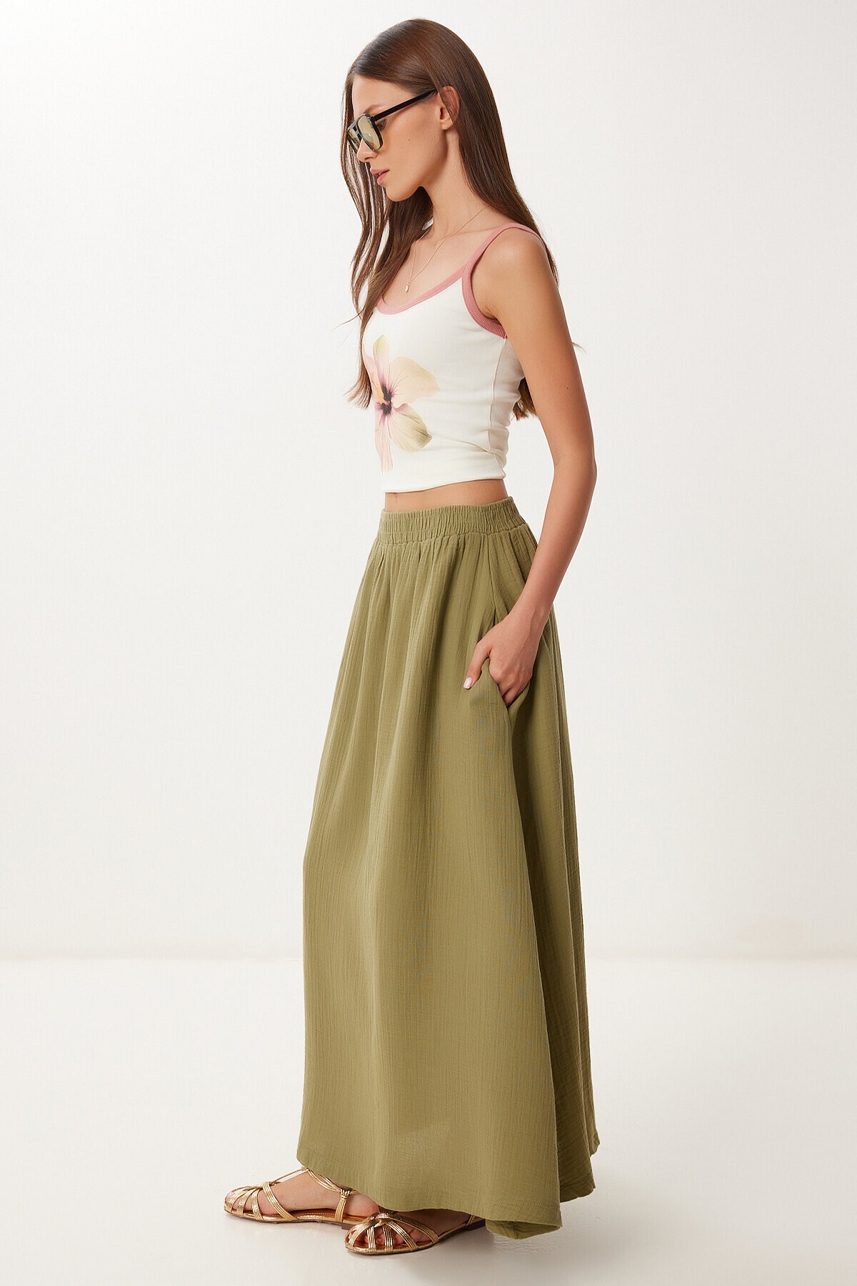 Cepli Kloş Müslin Etek HAKİ LBV0067