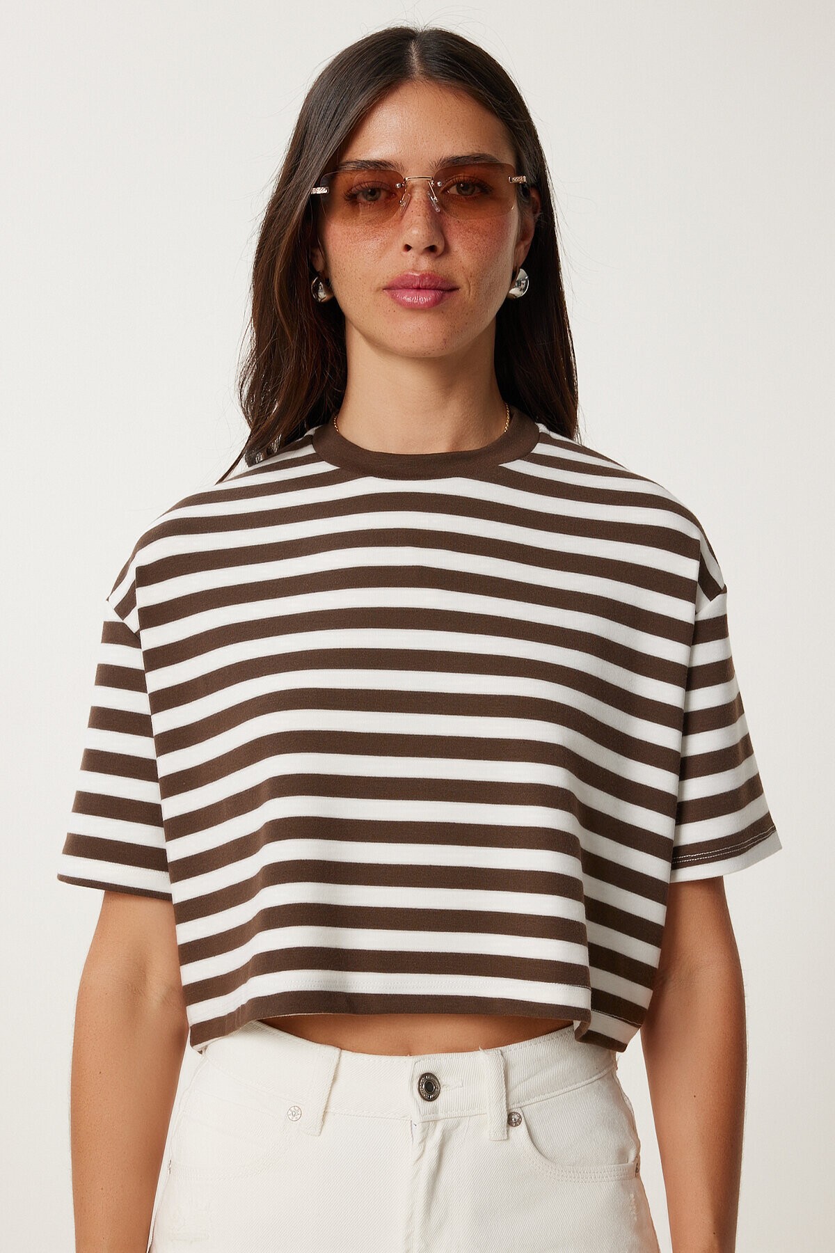 Çizgili Esnek Crop Örme T-shirt KAHVERENGİ KEMİK LCR0082