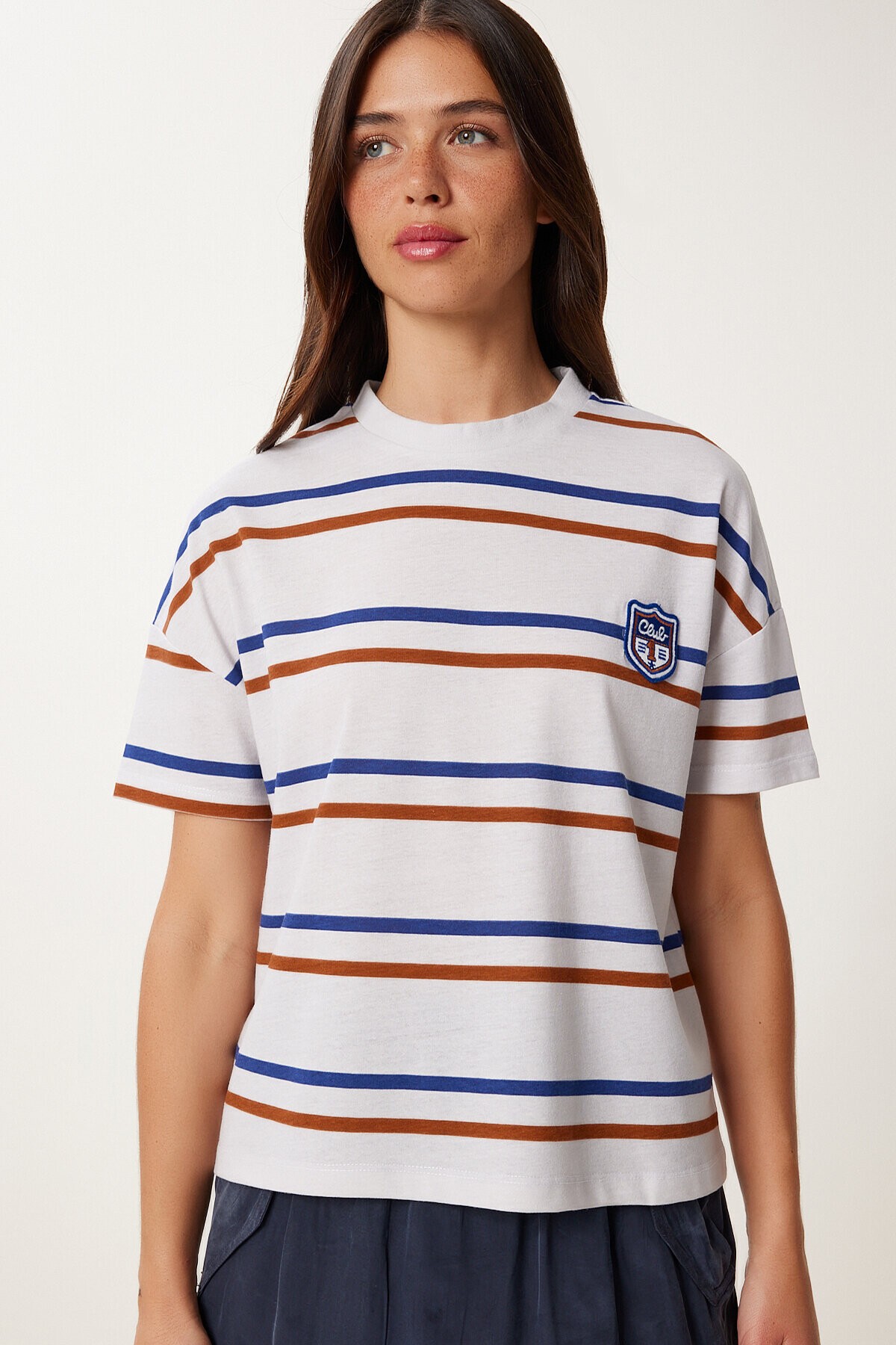 Çizgili Pamuklu Örme T-shirt GRİ LCR0077