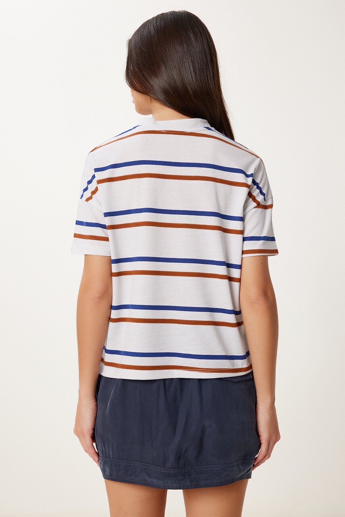 Çizgili Pamuklu Örme T-shirt GRİ LCR0077