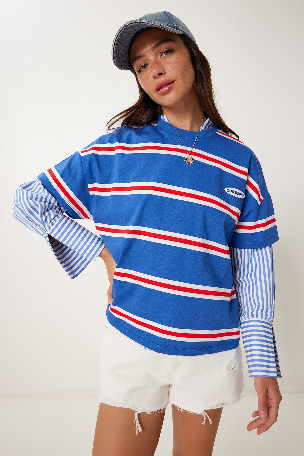 Çizgili Pamuklu Örme T-shirt LACİVERT LCR0077