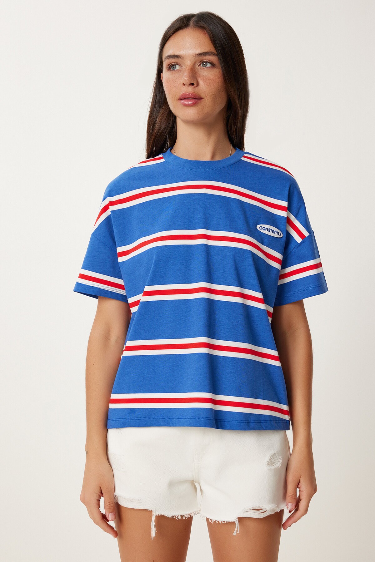 Çizgili Pamuklu Örme T-shirt LACİVERT LCR0077