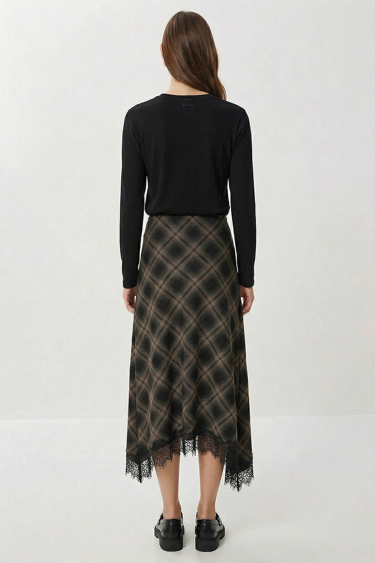 Dantelli Kareli Midi Dokuma Etek SİYAH BEJ LDP0095