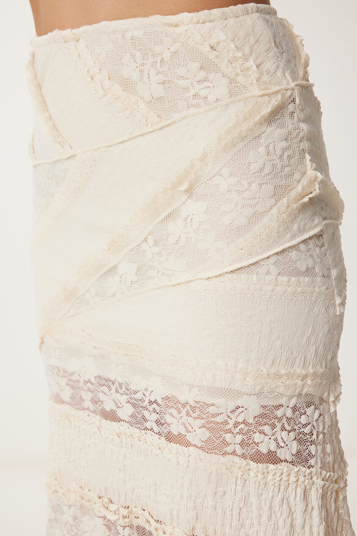 Dantelli Midi Örme Etek KREM LCR0075