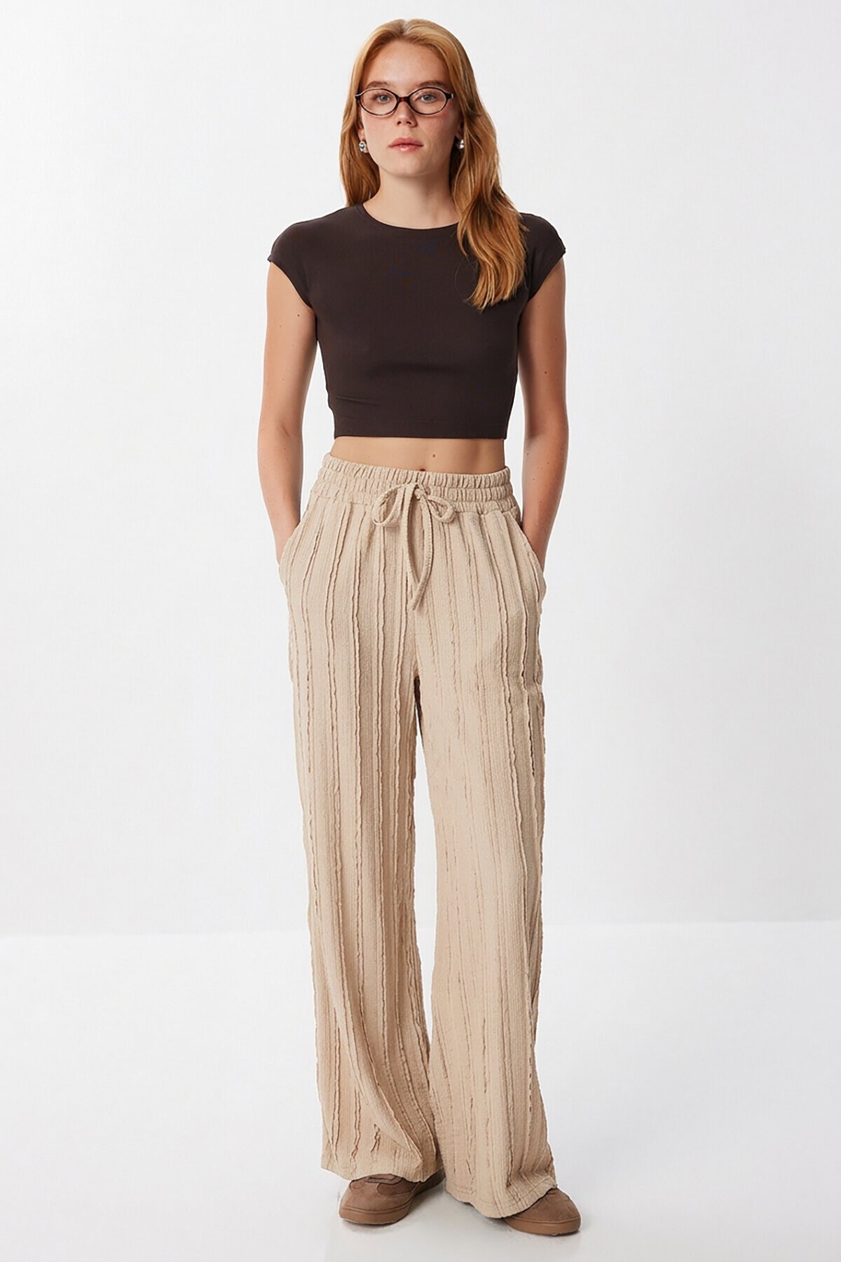 Dokulu Cepli Esnek Örme Pantolon KREM LCI0069