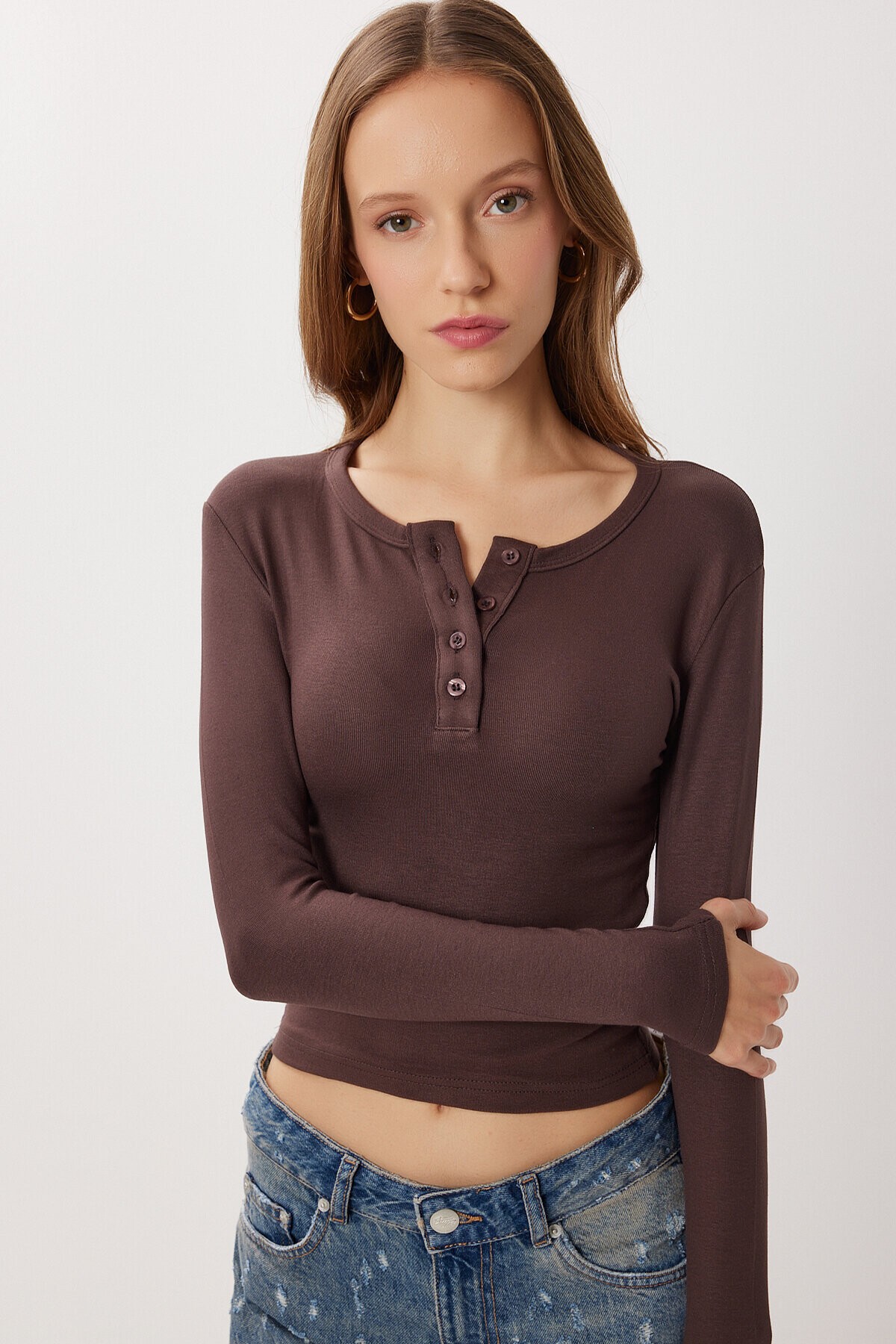 Düğmeli Basic Örme Bluz KAHVERENGİ LBY0016