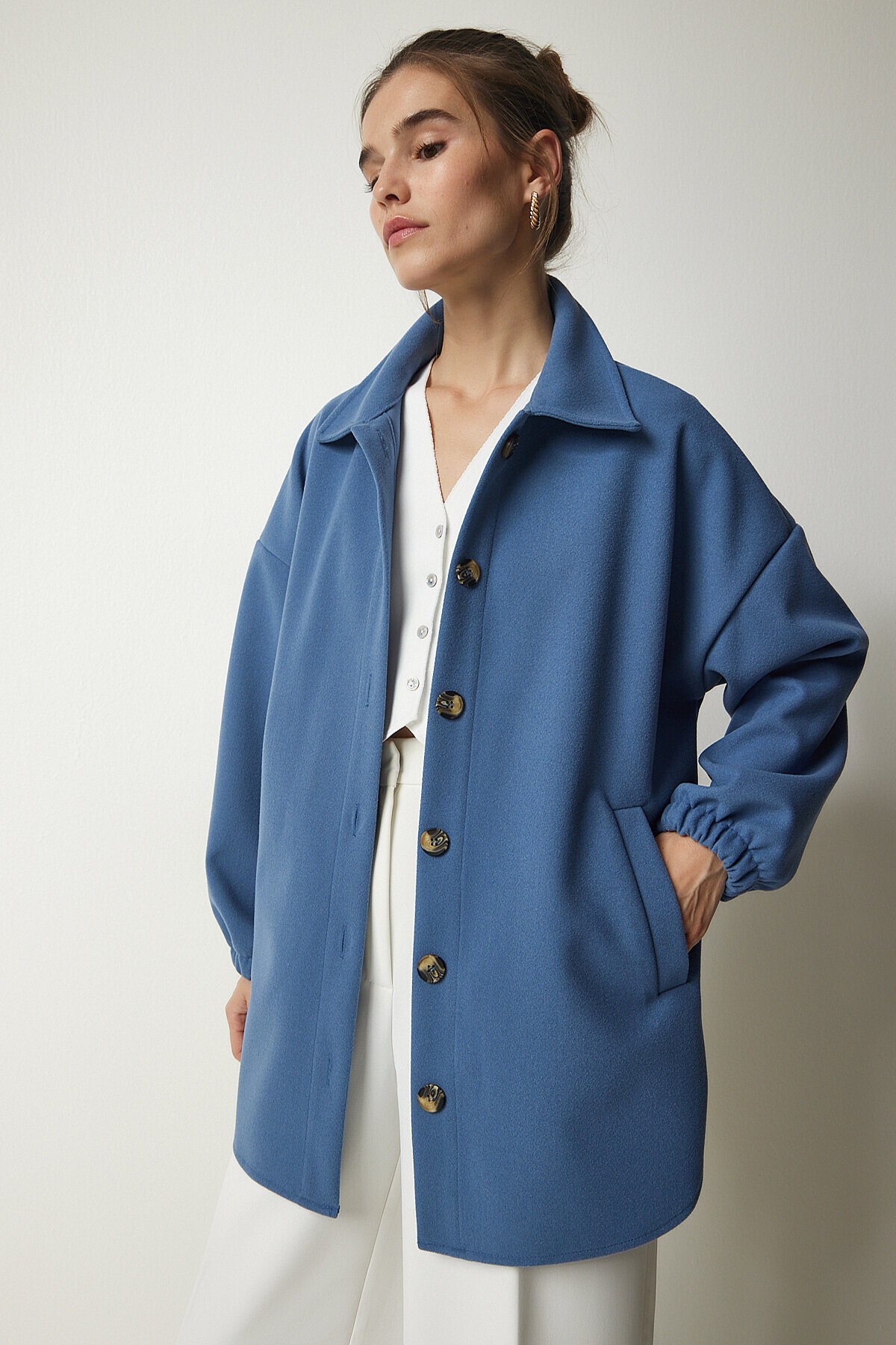 Düğmeli Cepli Oversize Gömlek Ceket İNDİGO MAVİ LDD0079