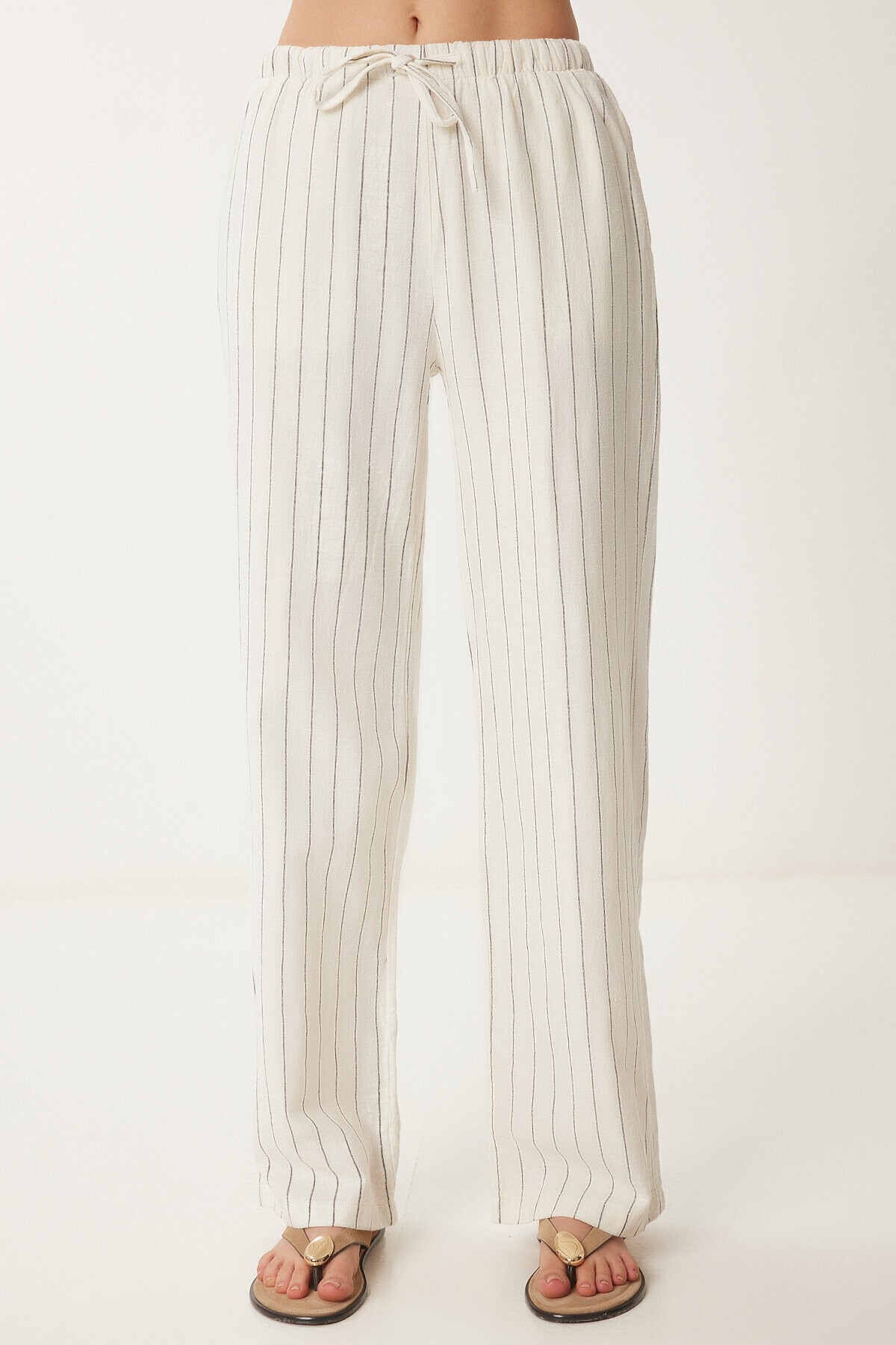 Geniş Paça Çizgili Keten Pantolon KREM LCR0058