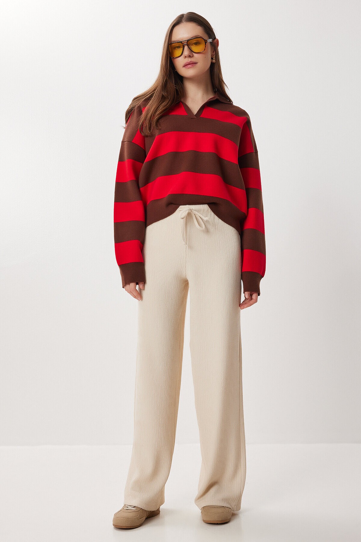 Geniş Paça Krinkıl Örme Pantolon KREM LCI0057