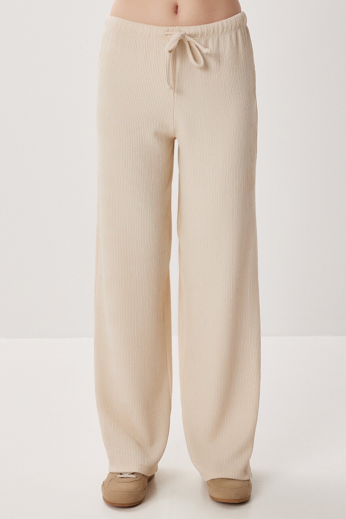 Geniş Paça Krinkıl Örme Pantolon KREM LCI0057