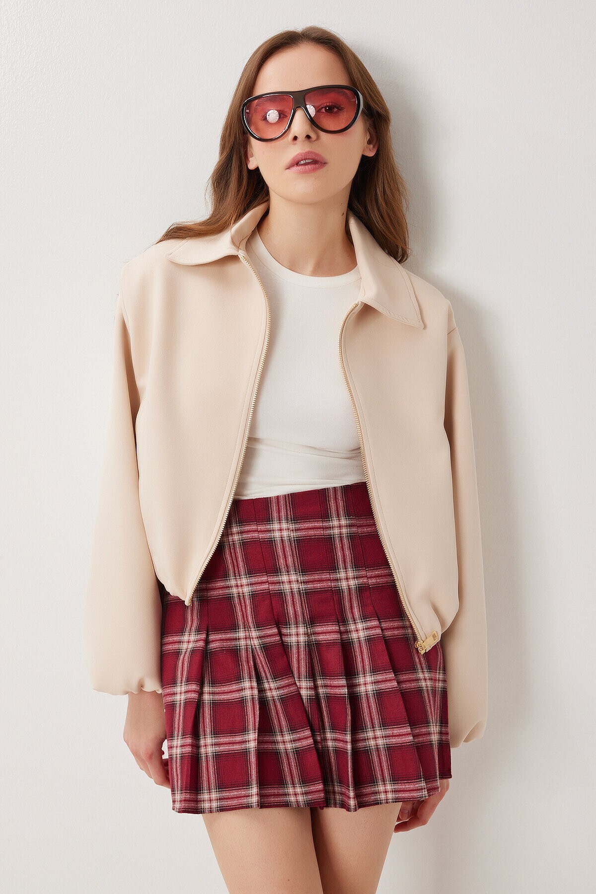 Kareli Pileli Mini Dokuma Etek BORDO LDN0001