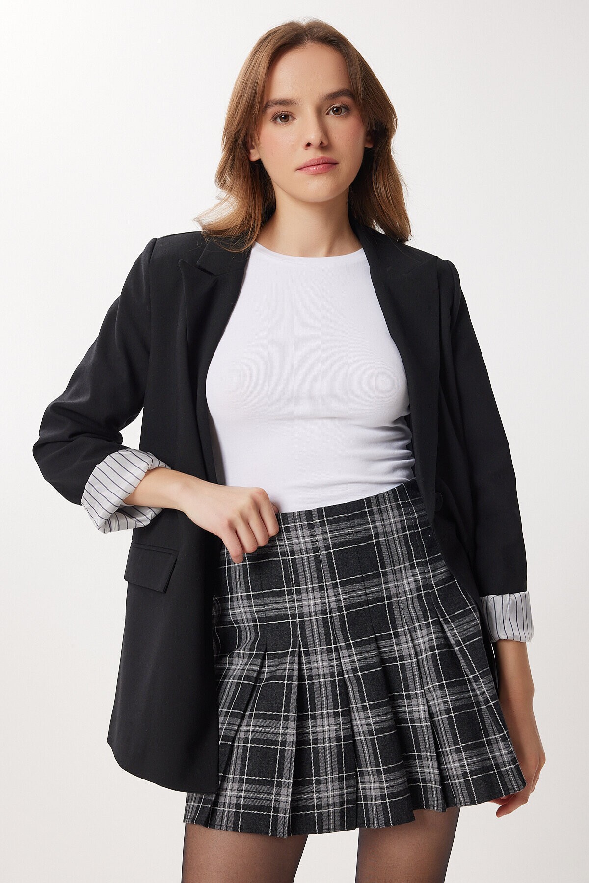 Kareli Pileli Mini Dokuma Etek SİYAH LDN0001