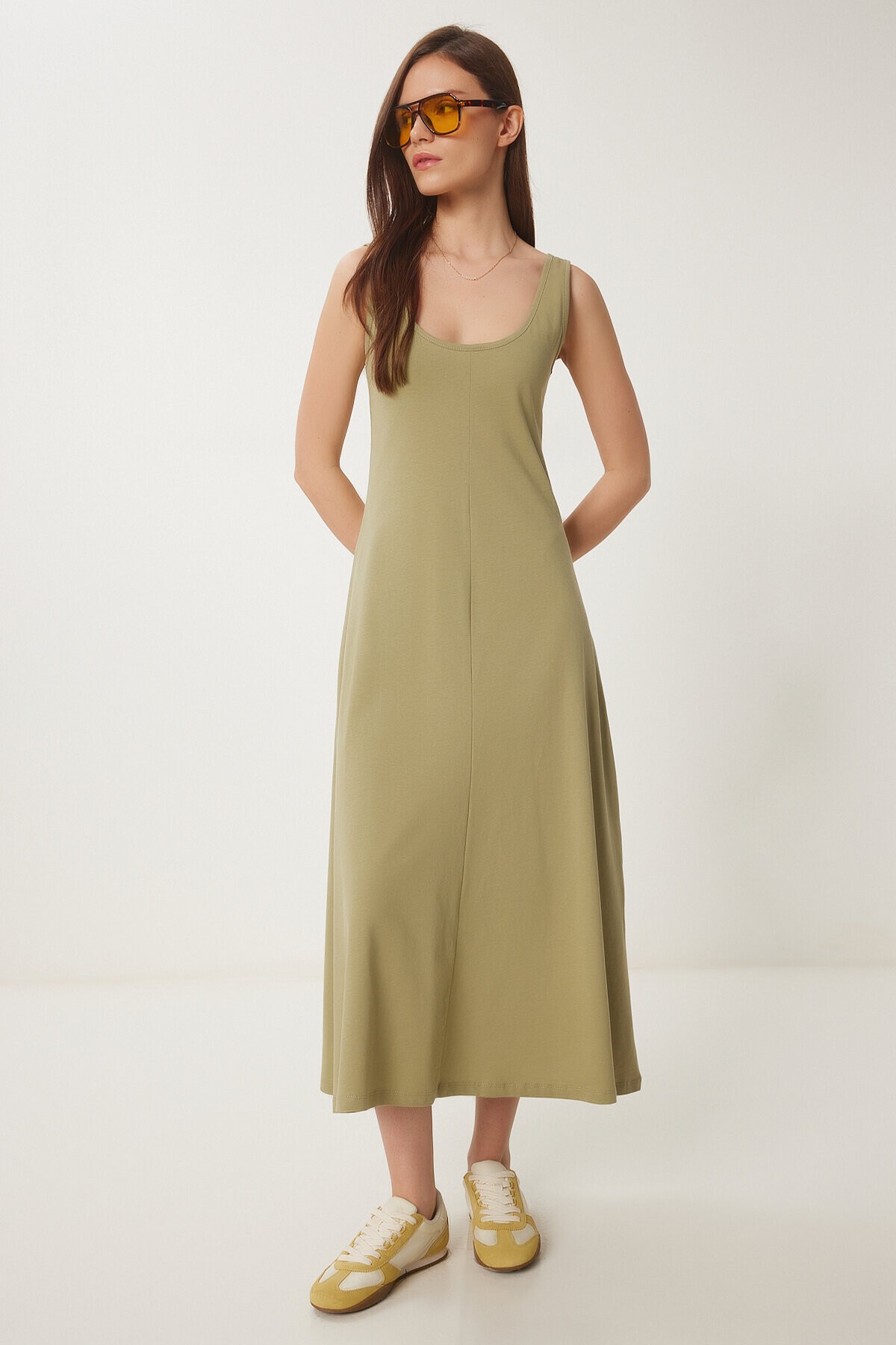 Kolsuz Basic Yazlık Örme Elbise HAKİ LCR0057