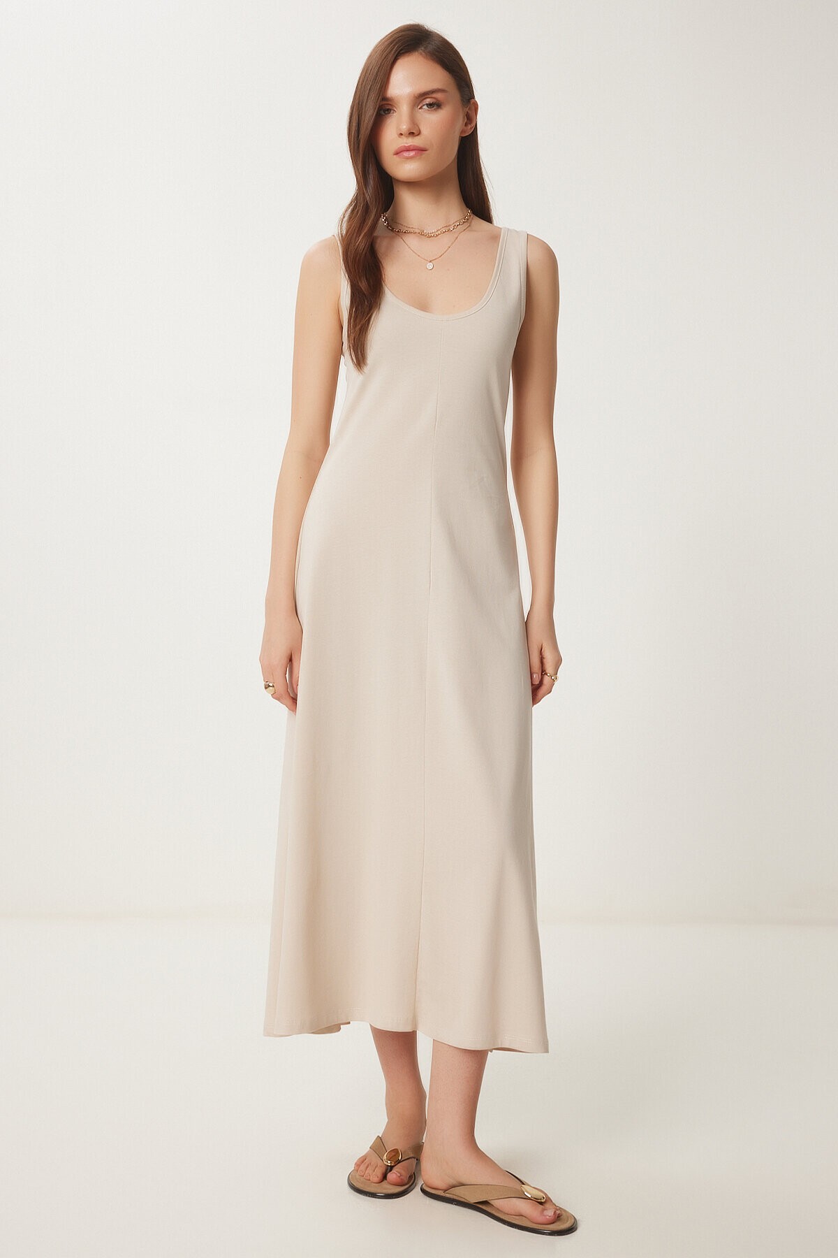 Kolsuz Basic Yazlık Örme Elbise KREM LCR0057