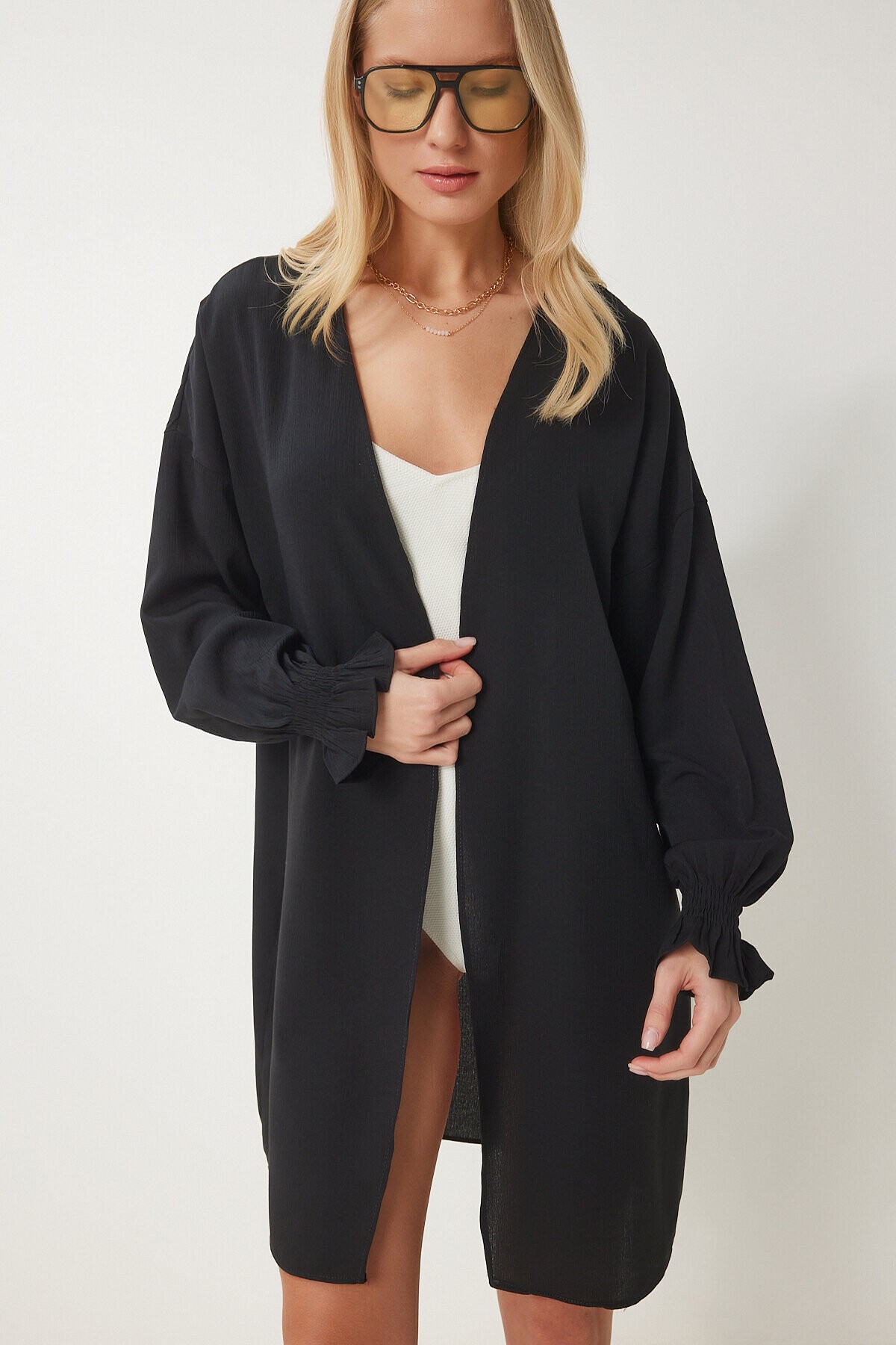 Kolu Büzgülü Krinkıl Kimono SİYAH LDD0069