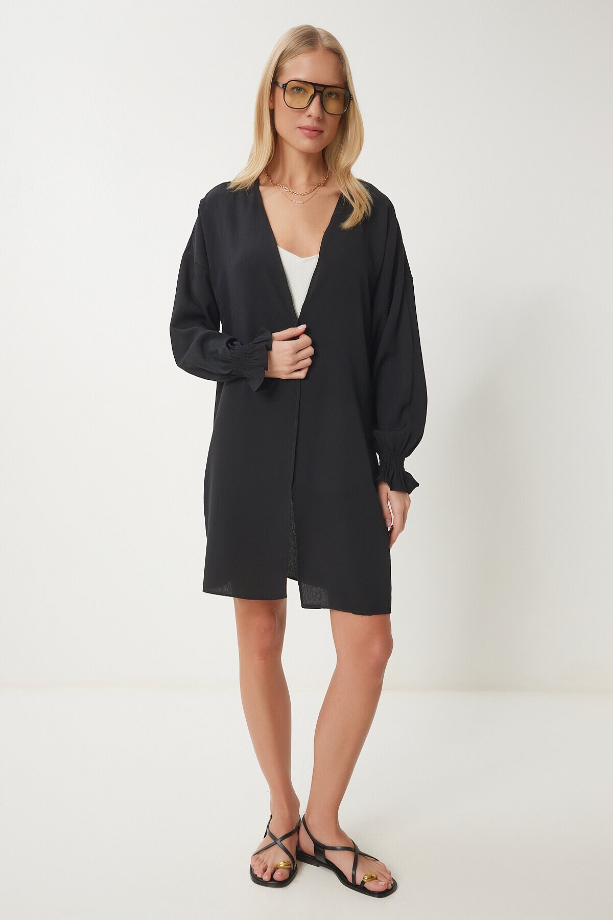 Kolu Büzgülü Krinkıl Kimono SİYAH LDD0069