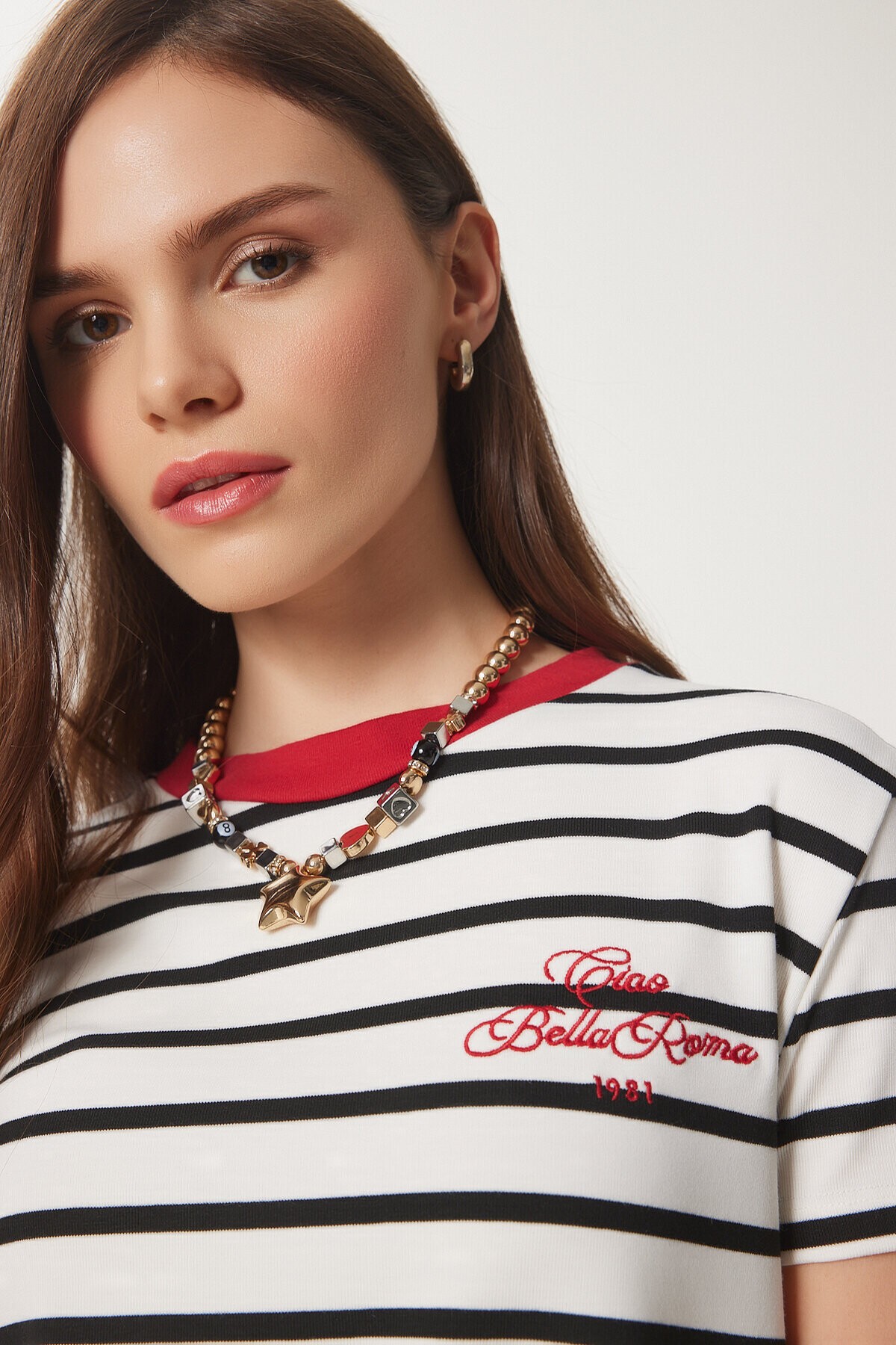 Nakışlı Çizgili Kısa Örme T-Shirt BEYAZ LCR0019