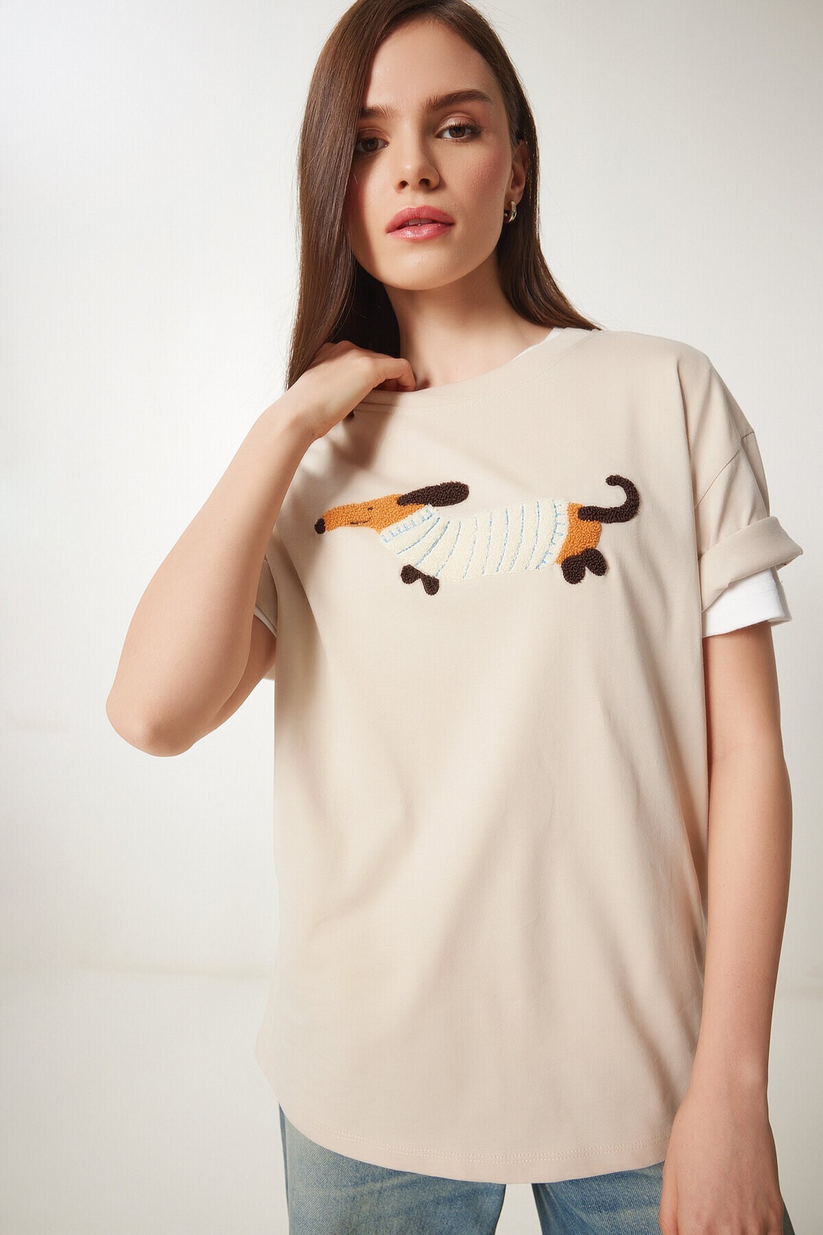 Nakışlı Pamuklu Oversize Örme T-Shirt KREM LCR0031