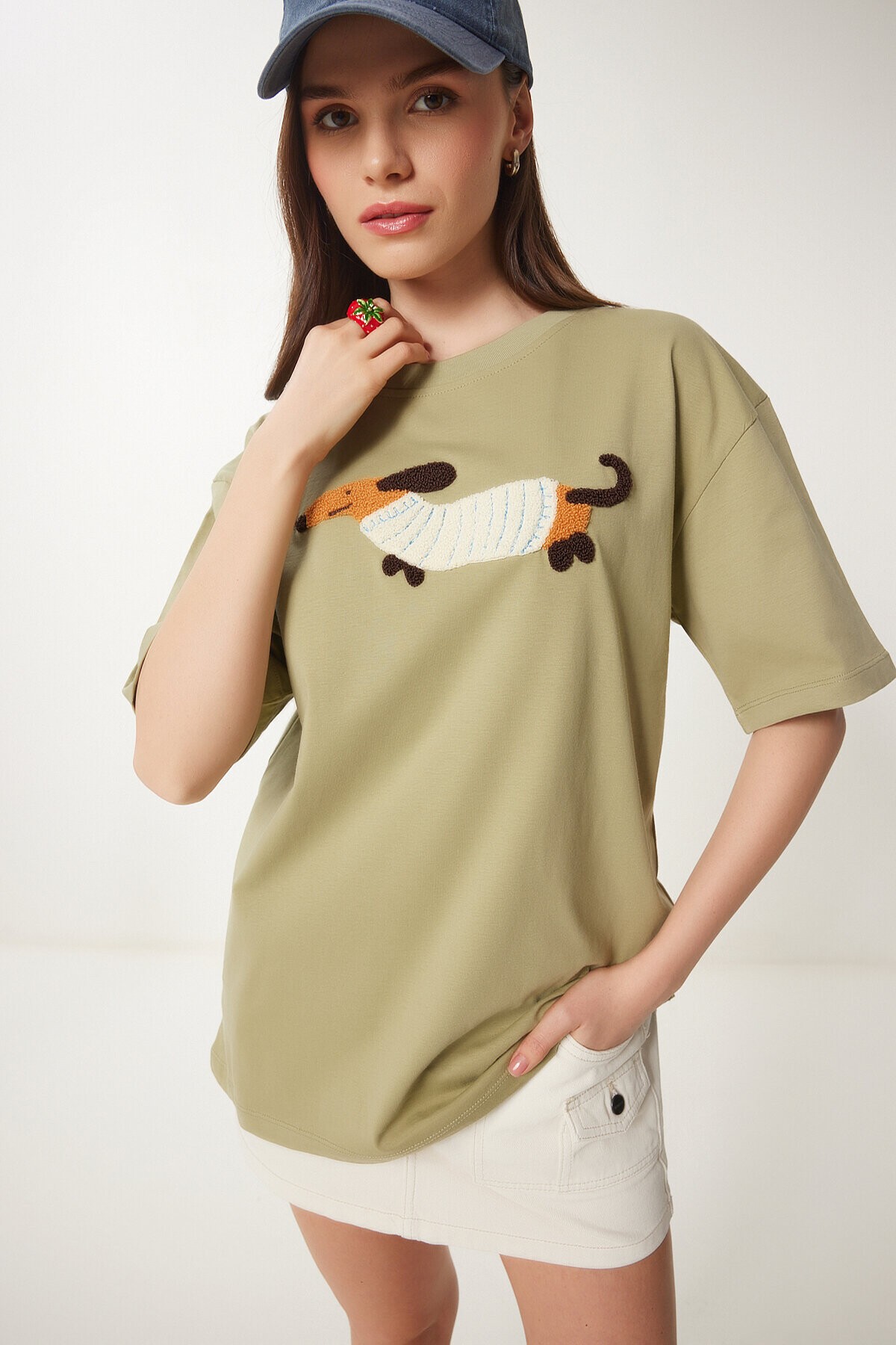 Nakışlı Pamuklu Oversize Örme T-Shirt ZEYTİN YEŞİLİ LCR0031