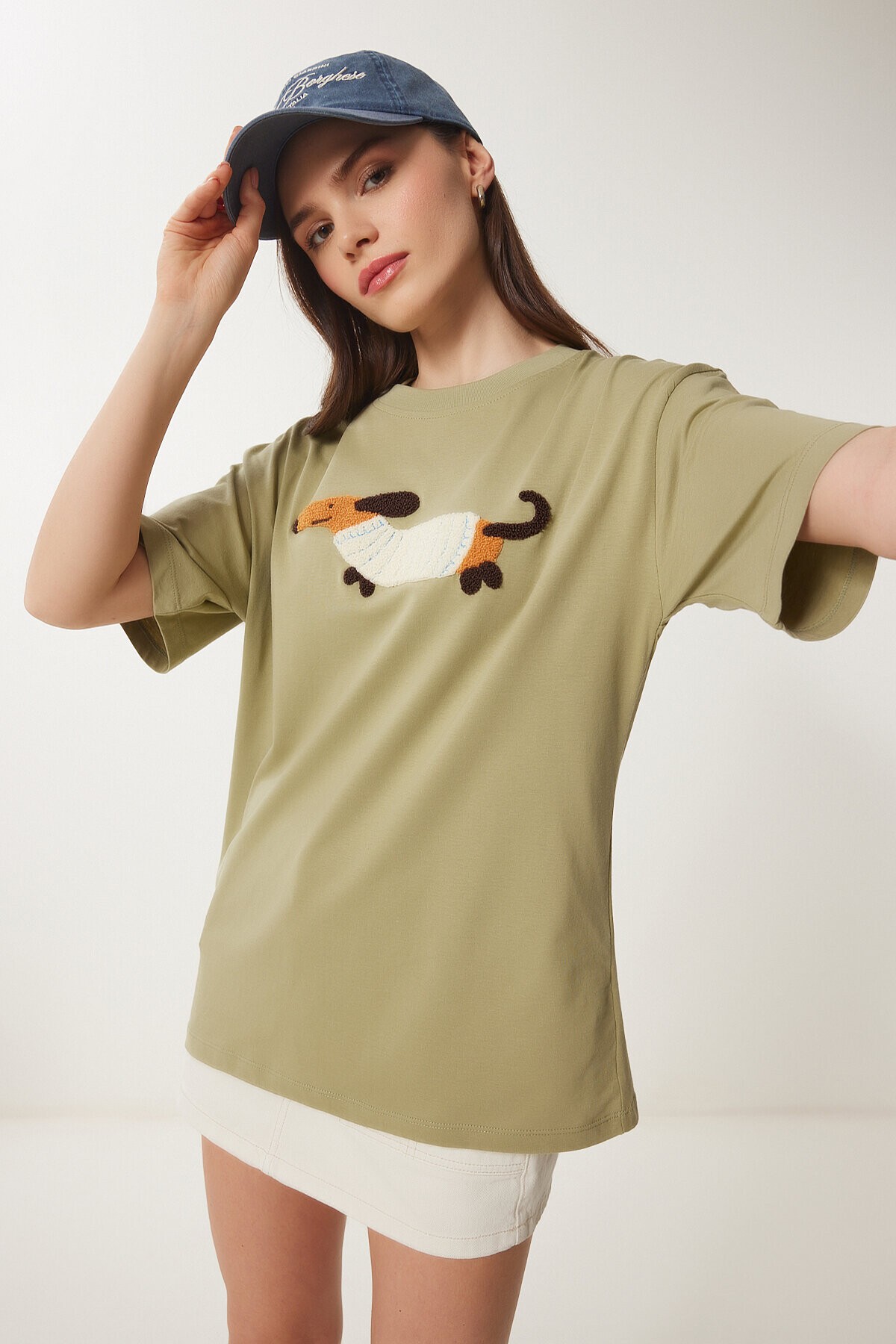 Nakışlı Pamuklu Oversize Örme T-Shirt ZEYTİN YEŞİLİ LCR0031