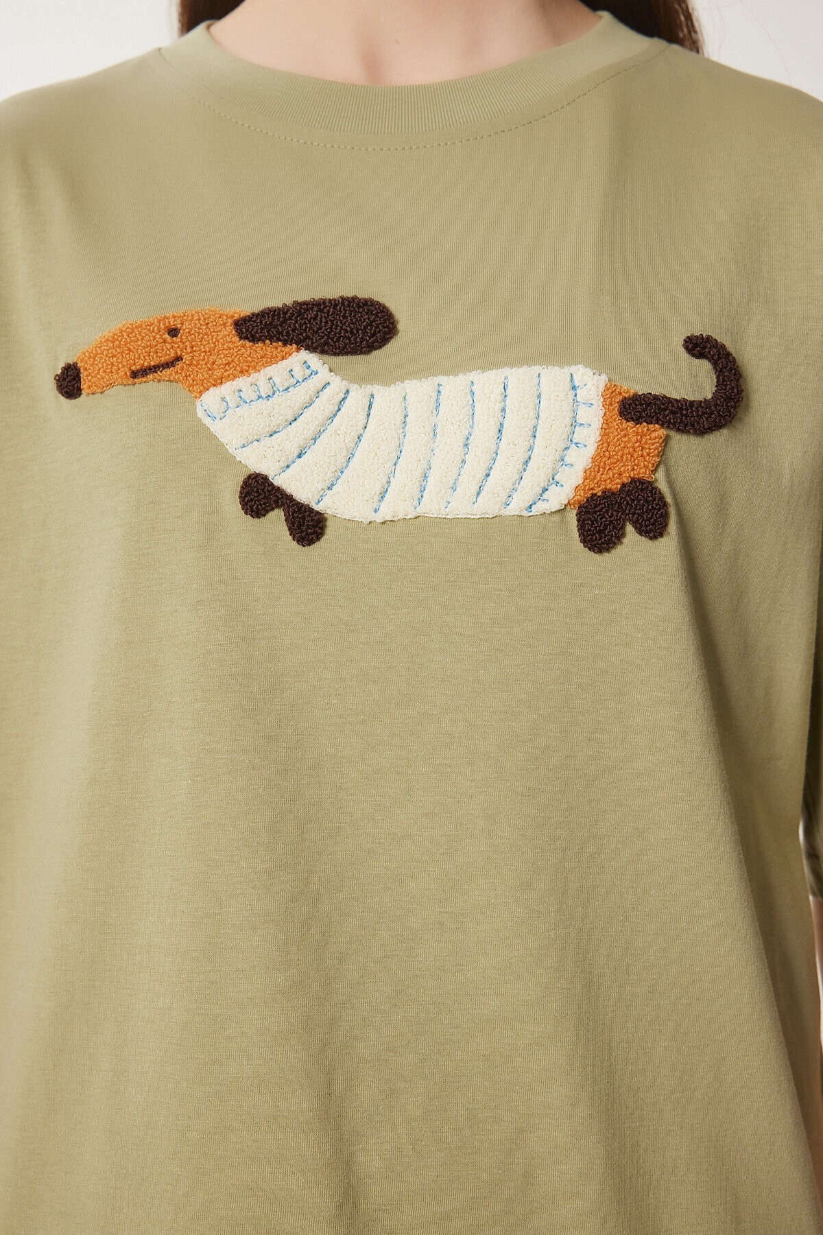 Nakışlı Pamuklu Oversize Örme T-Shirt ZEYTİN YEŞİLİ LCR0031