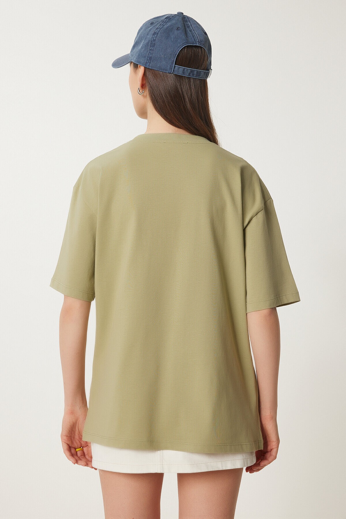 Nakışlı Pamuklu Oversize Örme T-Shirt ZEYTİN YEŞİLİ LCR0031
