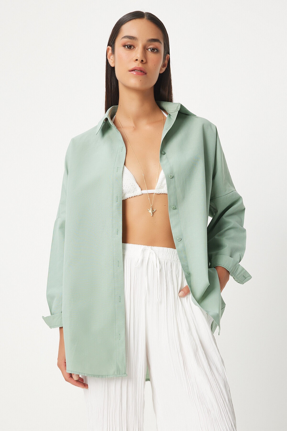 Oversize Basic Gömlek AÇIK ÇAĞLA YEŞİLİ LDD0003