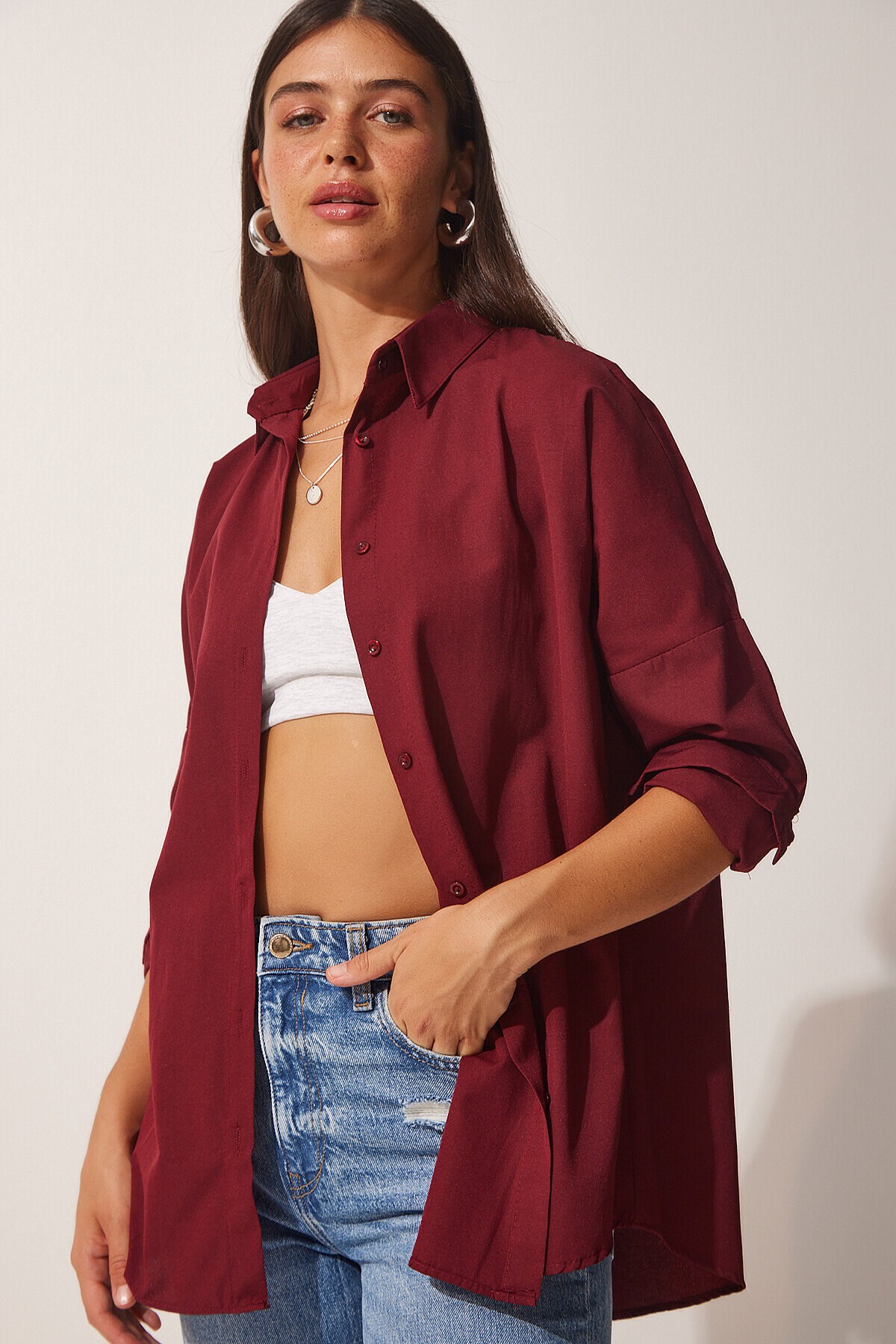 Oversize Basic Gömlek BORDO LDD0003
