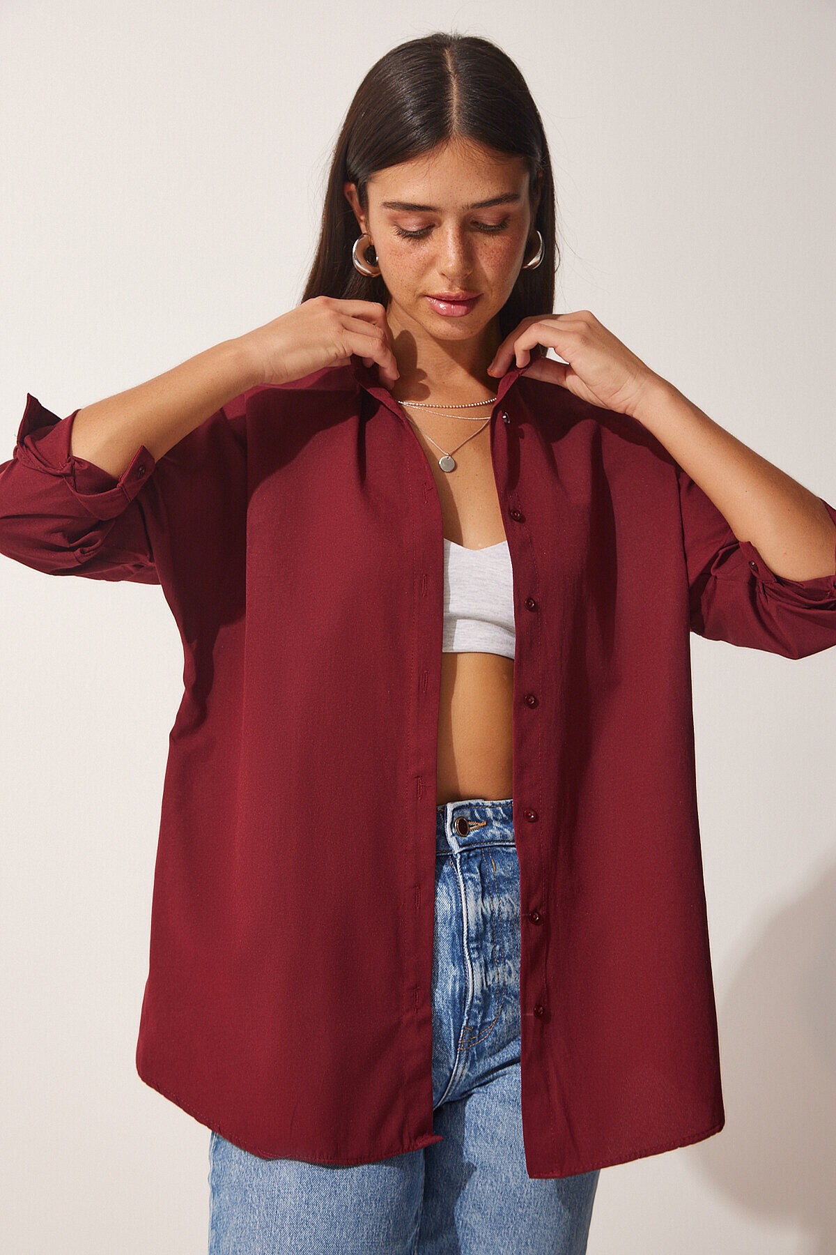 Oversize Basic Gömlek BORDO LDD0003