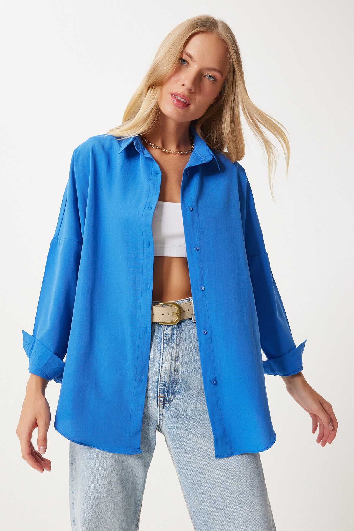 Oversize Basic Gömlek CANLI MAVİ LDD0003