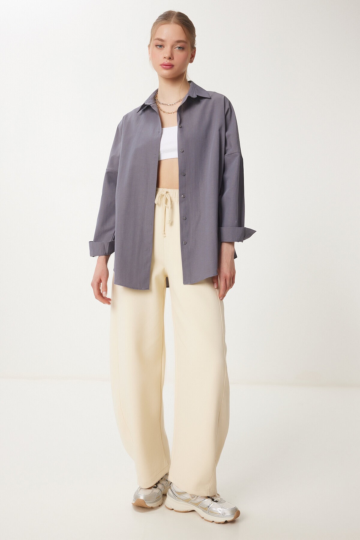 Oversize Basic Gömlek FÜME LDD0003