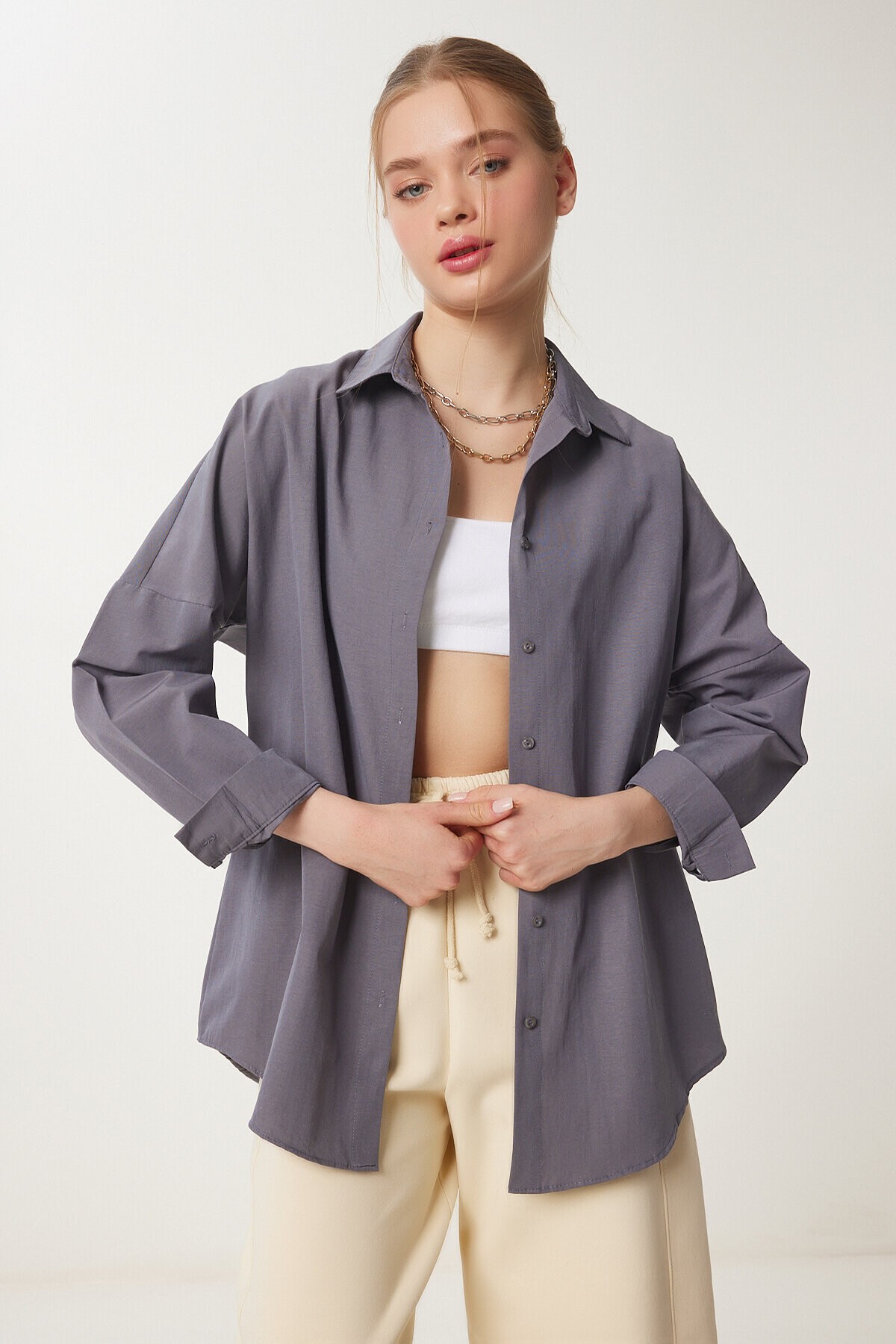Oversize Basic Gömlek FÜME LDD0003