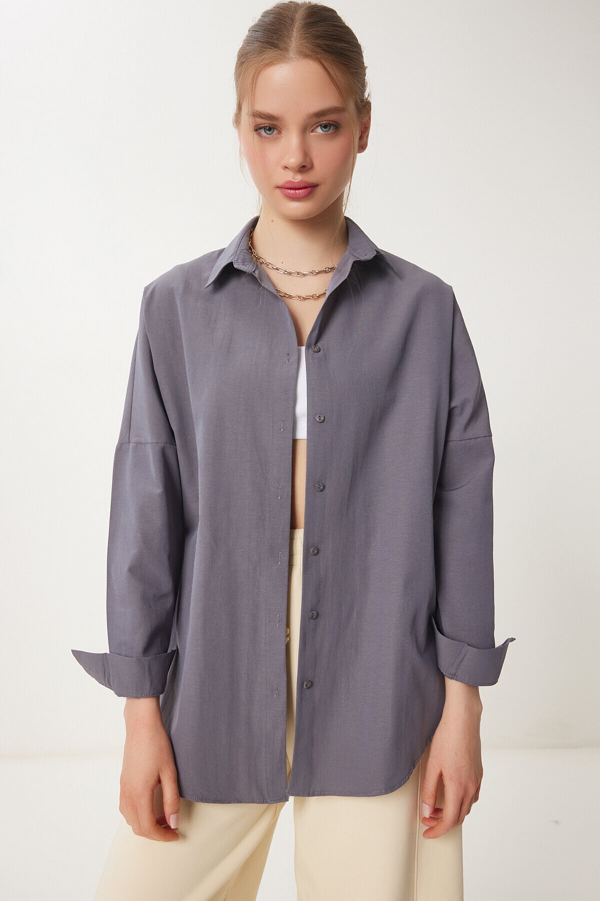 Oversize Basic Gömlek FÜME LDD0003