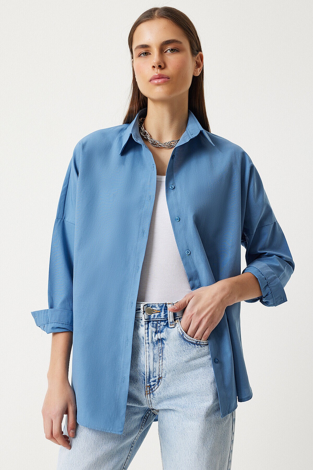 Oversize Basic Gömlek İNDİGO MAVİ LDD0003
